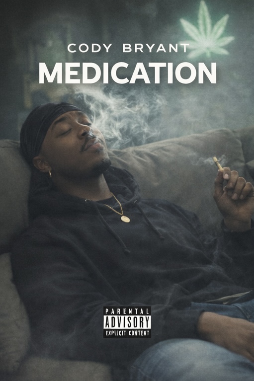 Person with long hair and a headband smokes a joint, with a marijuana leaf and the words 'Cody Bryant Medication' above.