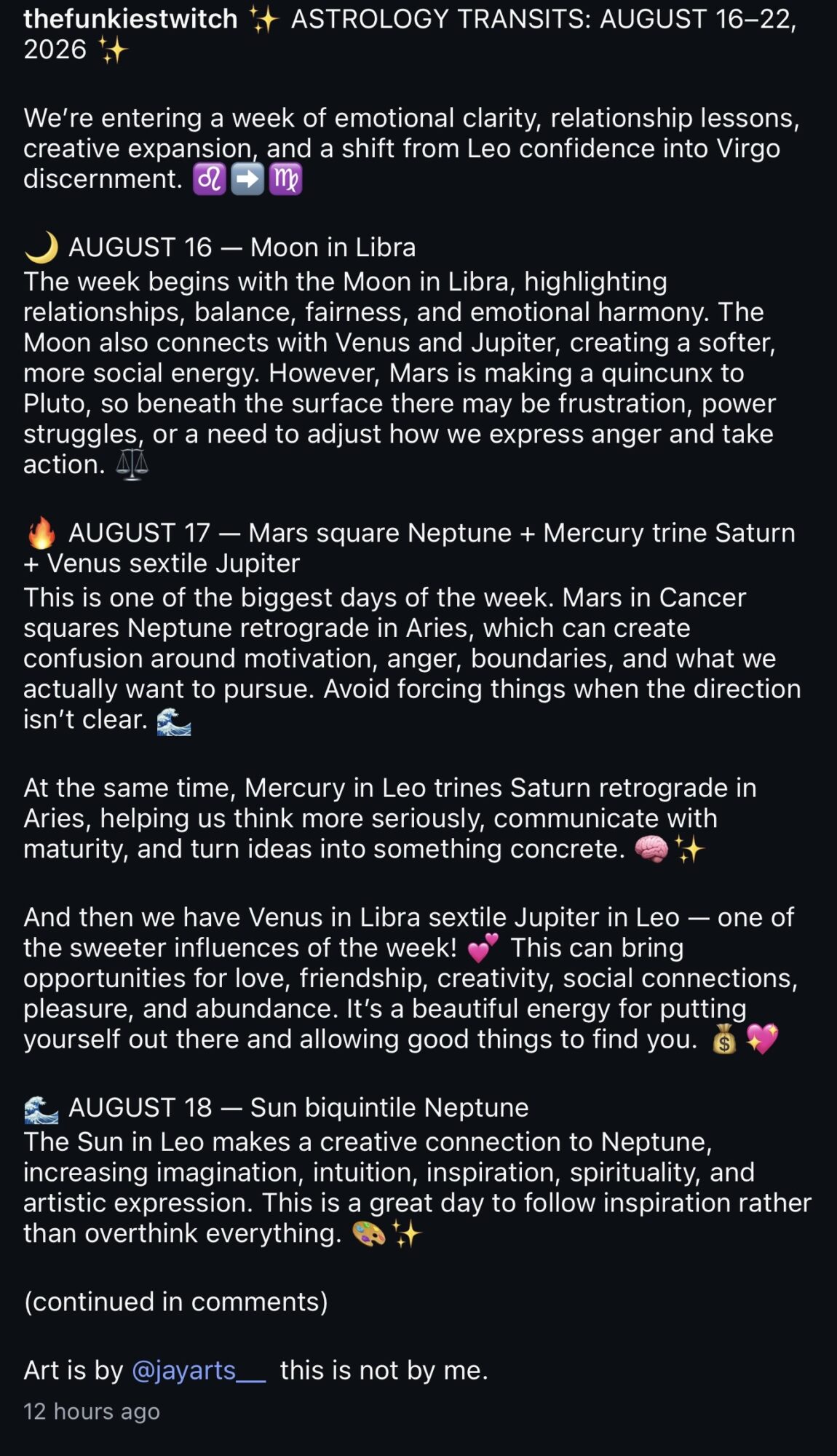 Text about astrology transits, moon in Libra, Mercury in Scorpio, and Neptune in Pisces, with a background of a person reading.