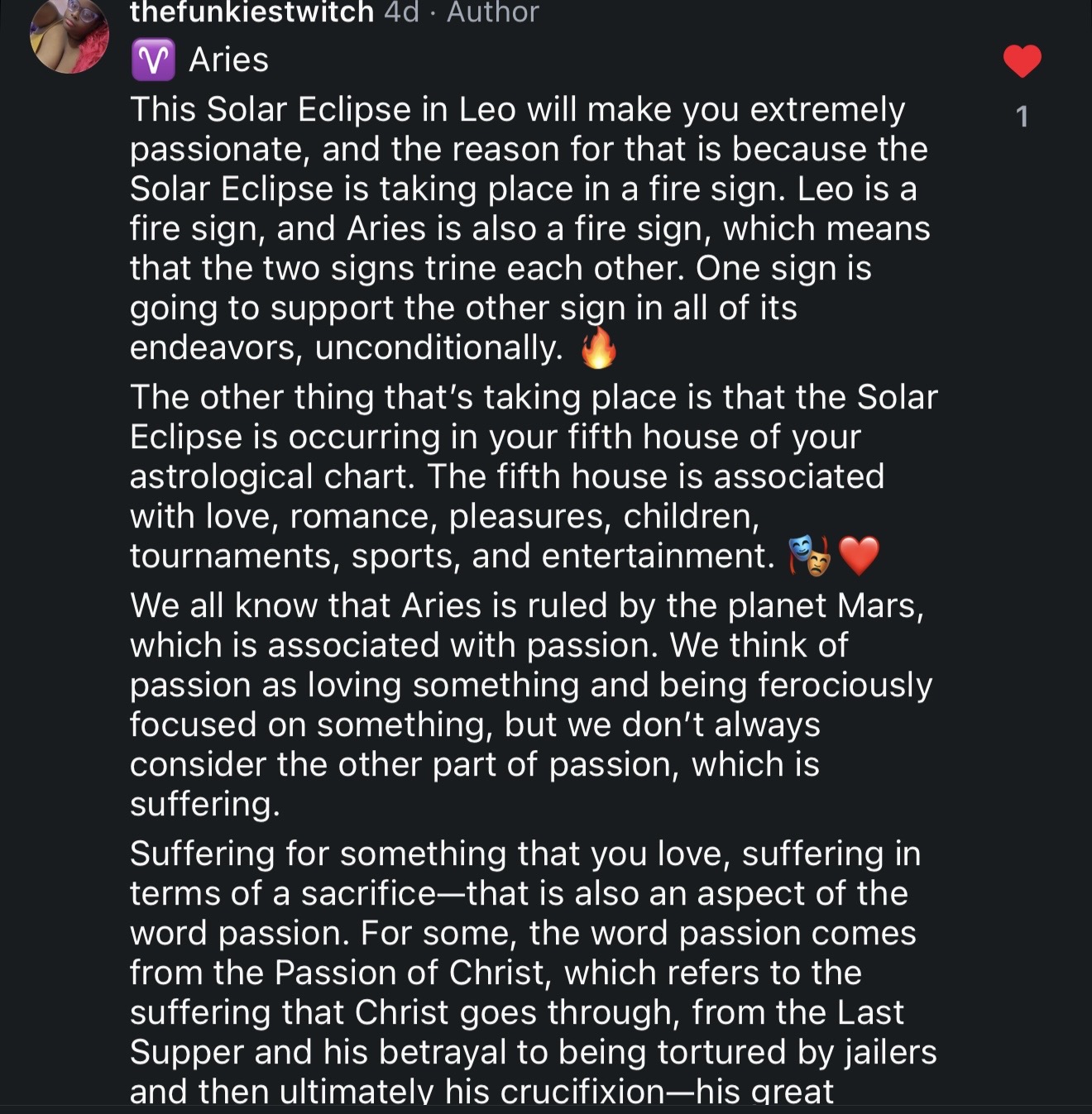 Text-based social media post discussing a solar eclipse in Leo, astrology, and passion, with emojis and author handle.
