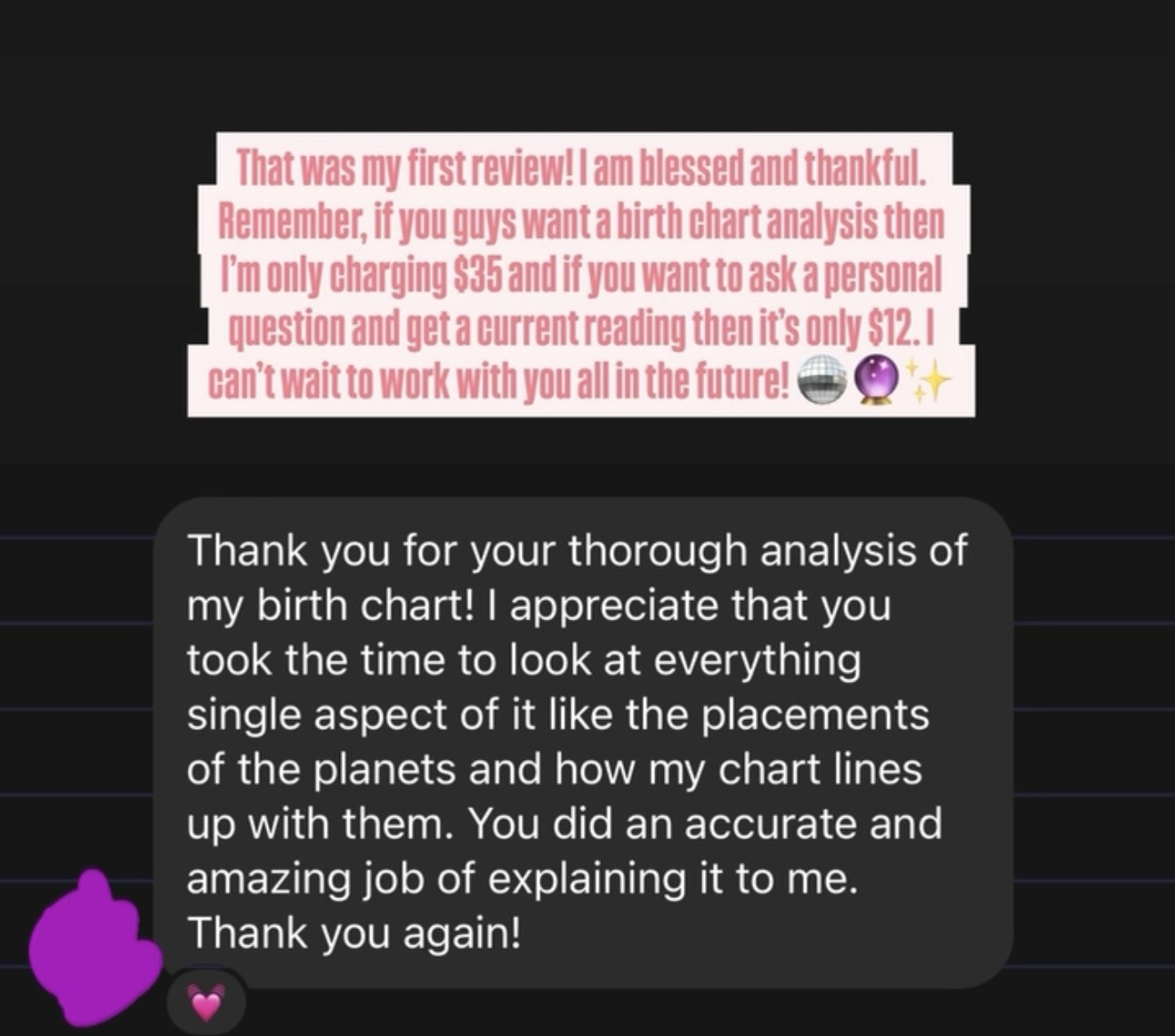 Screenshot of a positive review and thank you message about a birth chart analysis, with pink and black backgrounds.