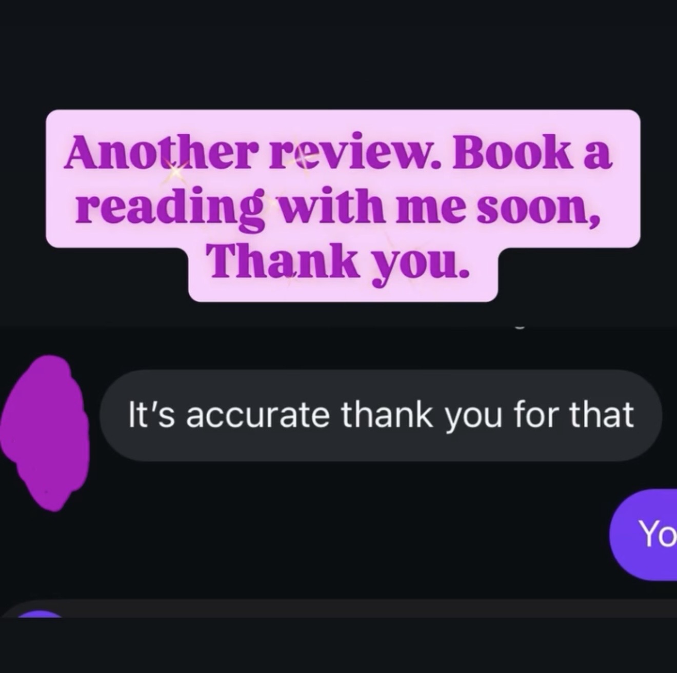 Screenshot of a chat conversation with a pink message at the top and black and purple text bubbles below.