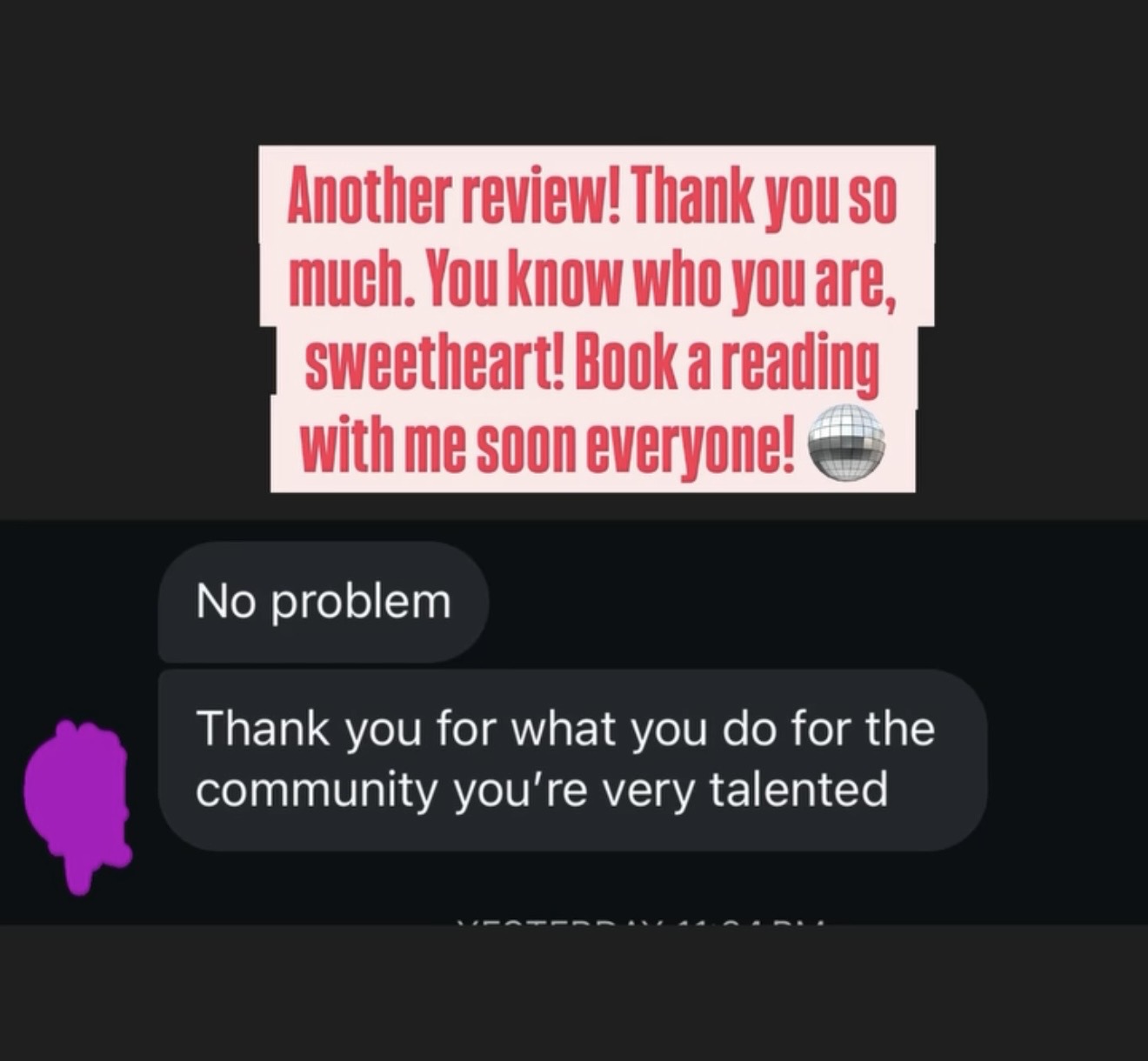 Screenshot of a chat conversation with a pink and white review message and black background, with two text bubbles.