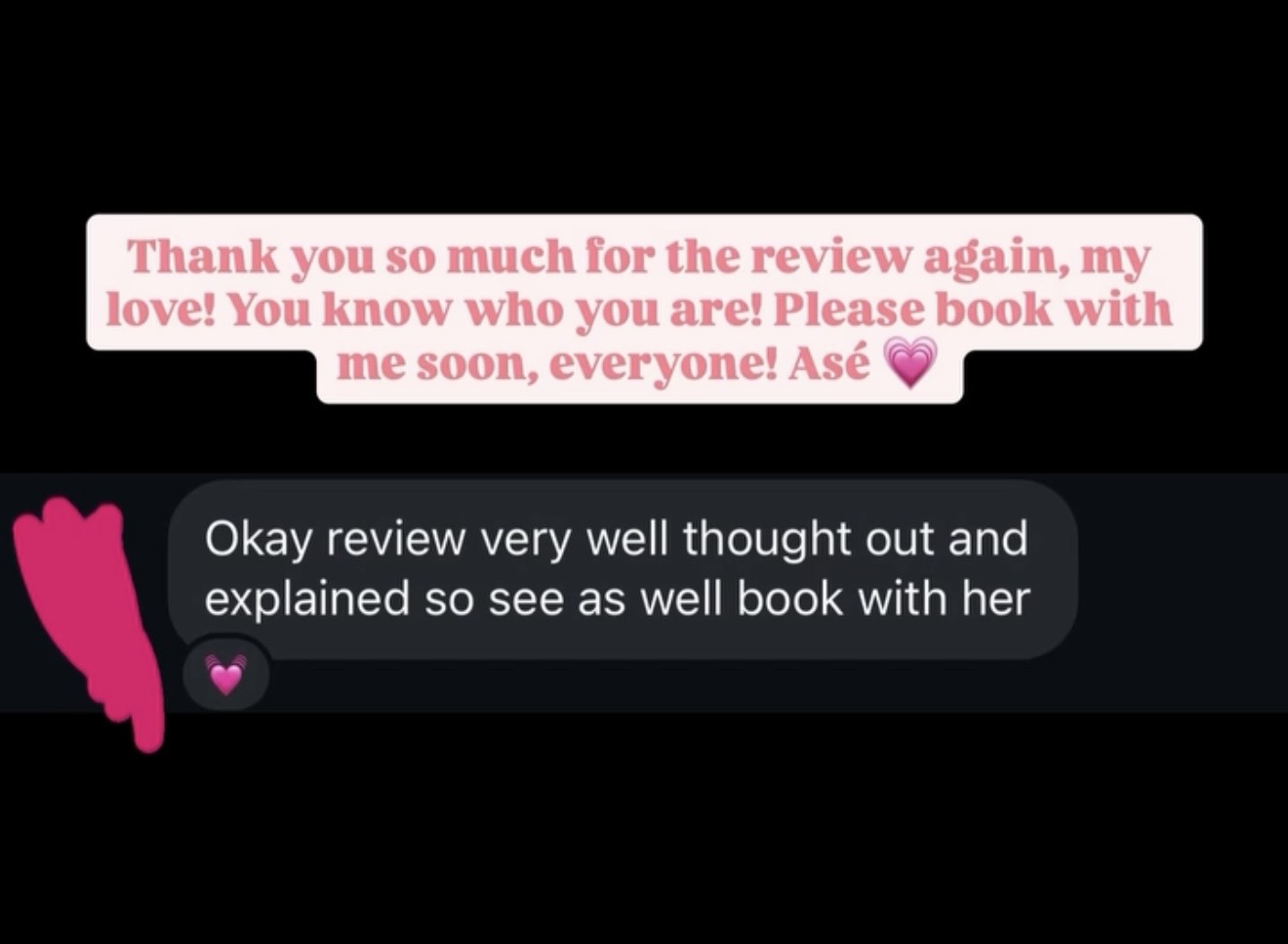 Screenshot of a conversation with positive feedback and a thank you message, including hearts and pink text.