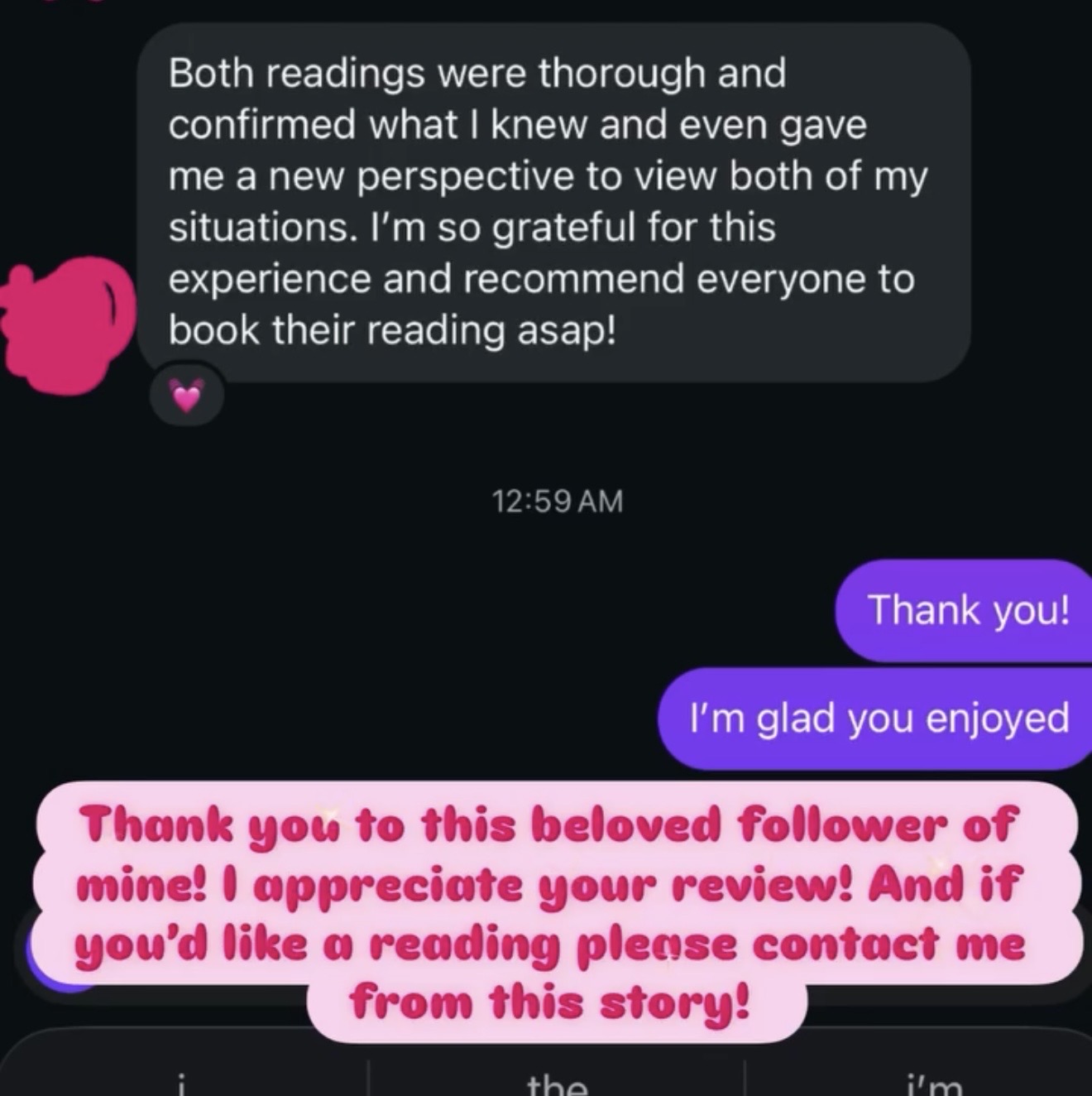 Screenshot of a text conversation with positive messages and a pink message requesting contact for a story.