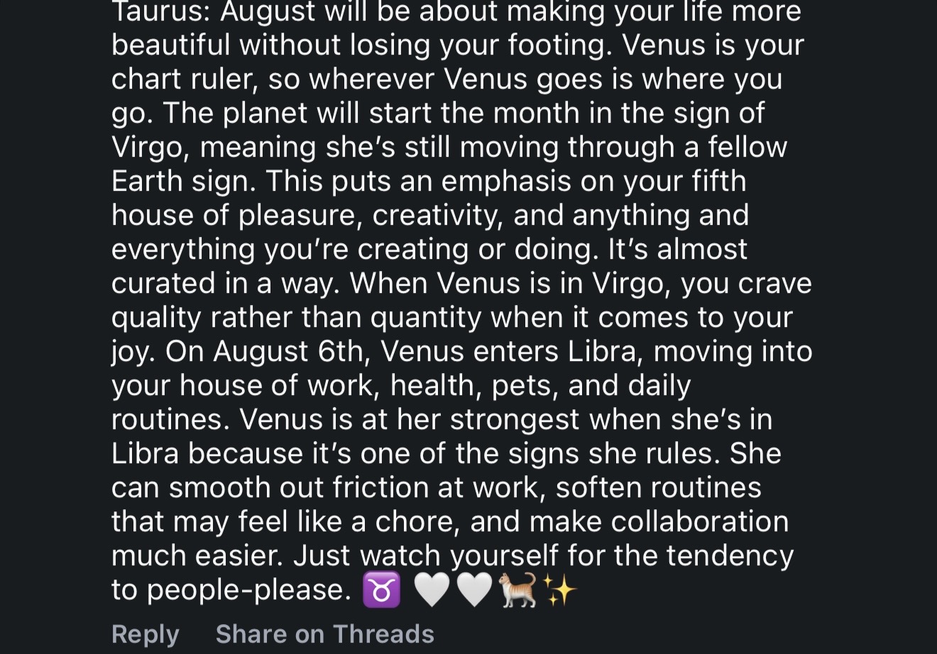 Text about astrology, Virgo, Taurus, and routines, with a purple heart, black heart, and star emojis, and a sparkle emoji.