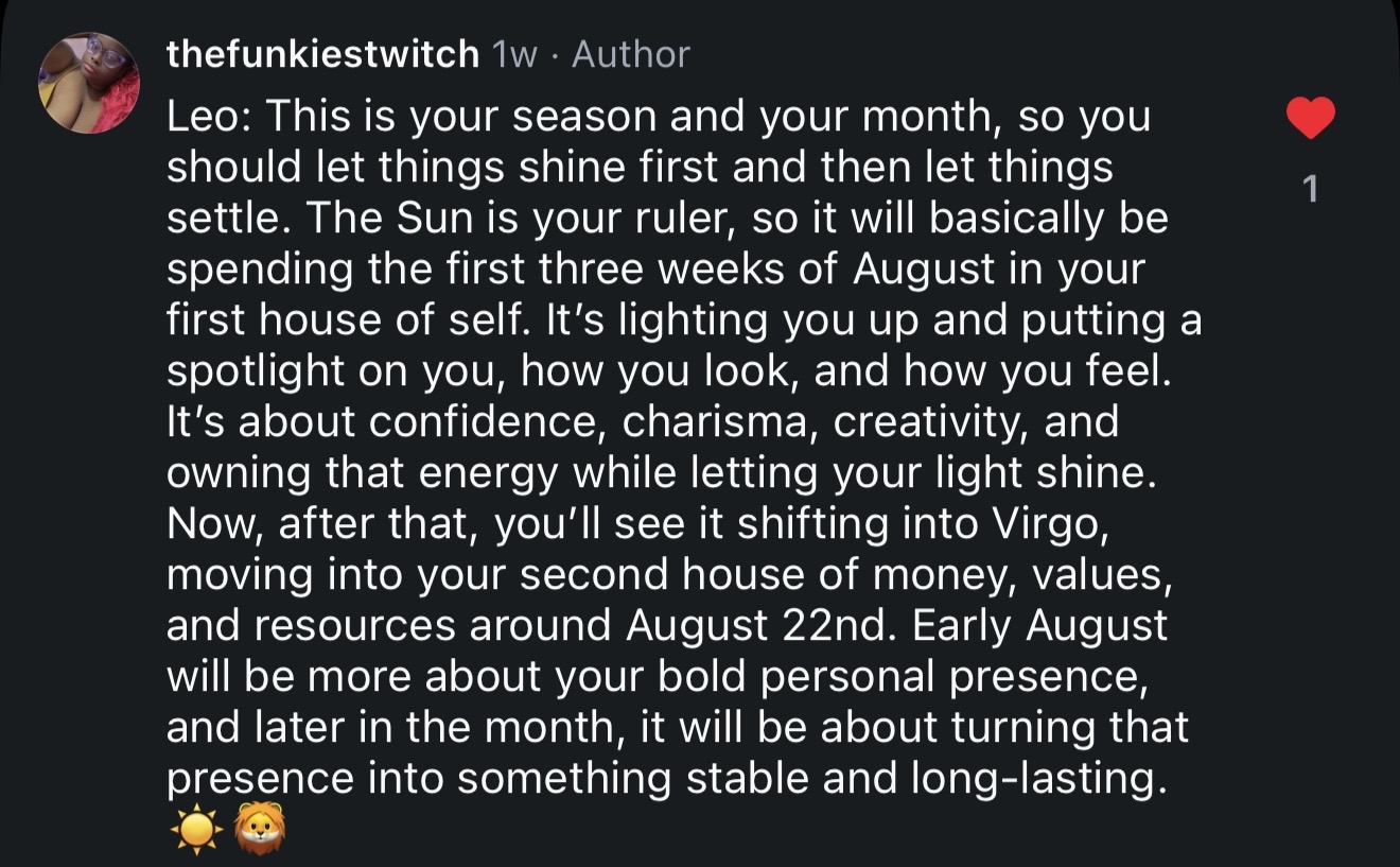 Text-based post discussing Leo's season, personal growth, confidence, and upcoming events, with a heart emoji at the end.