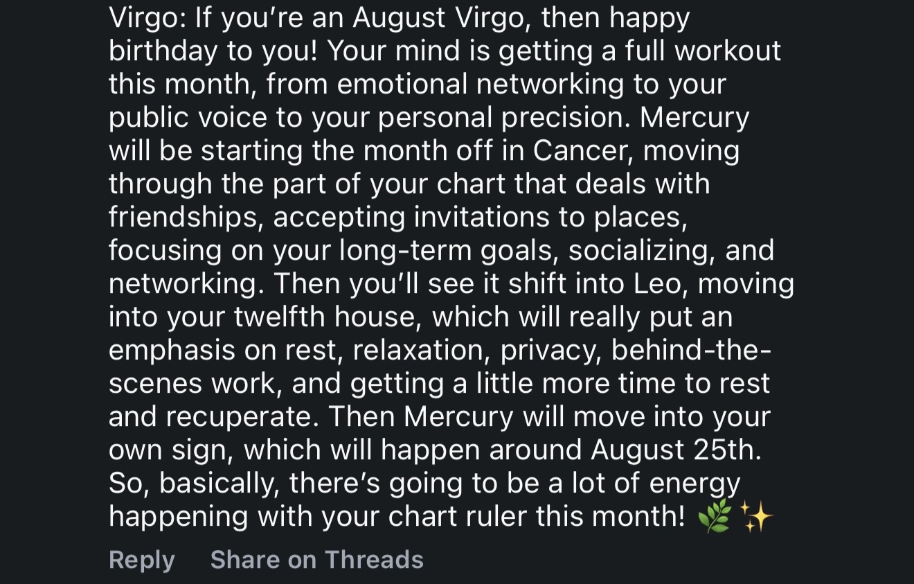 Text about Virgo's birthday, emotional networking, Mercury, and charting with a dark background.