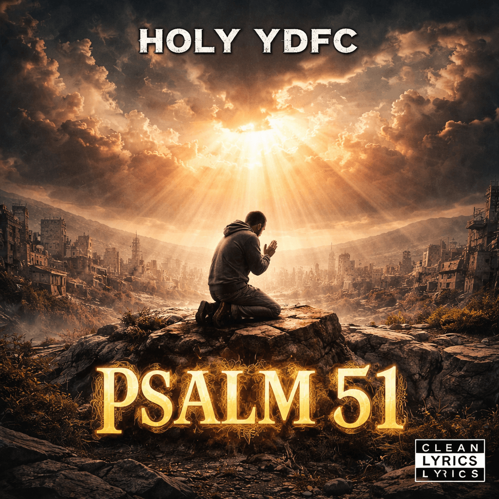 Person kneeling on a rock with hands clasped in prayer, sunrise with rays shining through clouds, city ruins in background