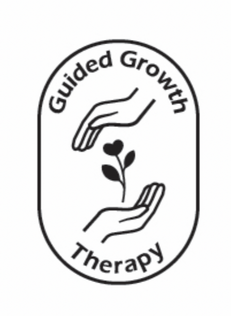 Logo with two hands surrounding a plant with a heart-shaped leaf, and the words 'Guided Growth Therapy' in a rounded shape.