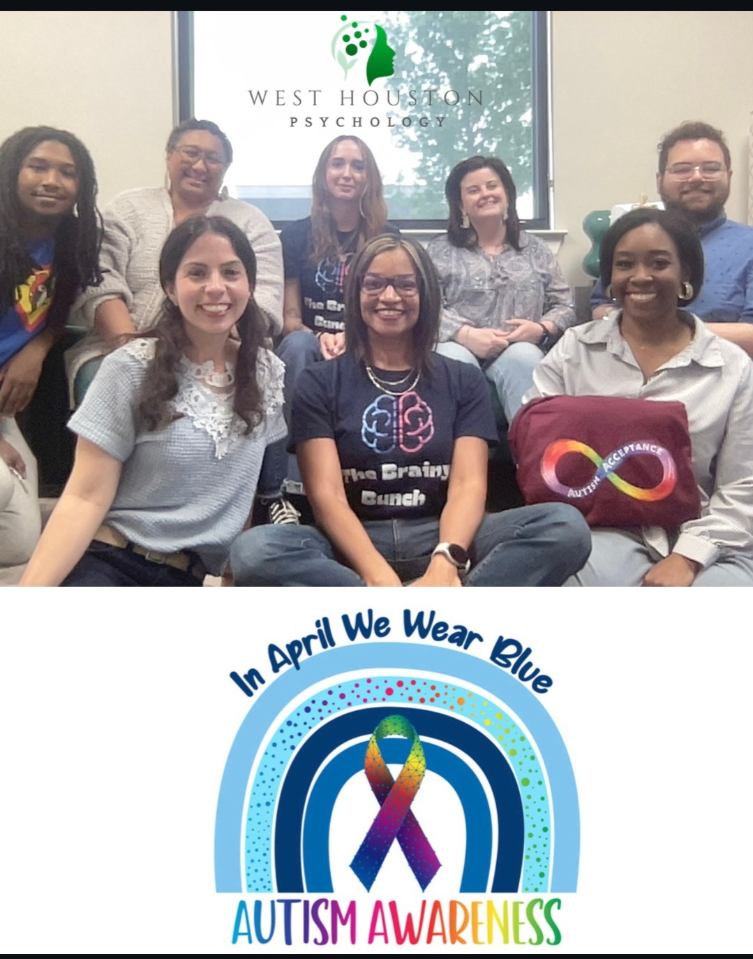 Group of nine people sitting in a room with a window and a sign that reads 'West Houston Psychology.' They hold a banner for Autism Awareness in April, with a blue theme and a ribbon symbol.