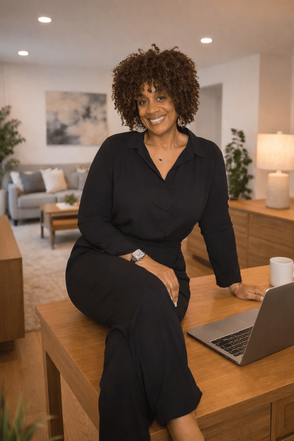 Woman with curly hair smiling, sitting on a wooden table with a laptop, in a modern living room, wearing black clothing.