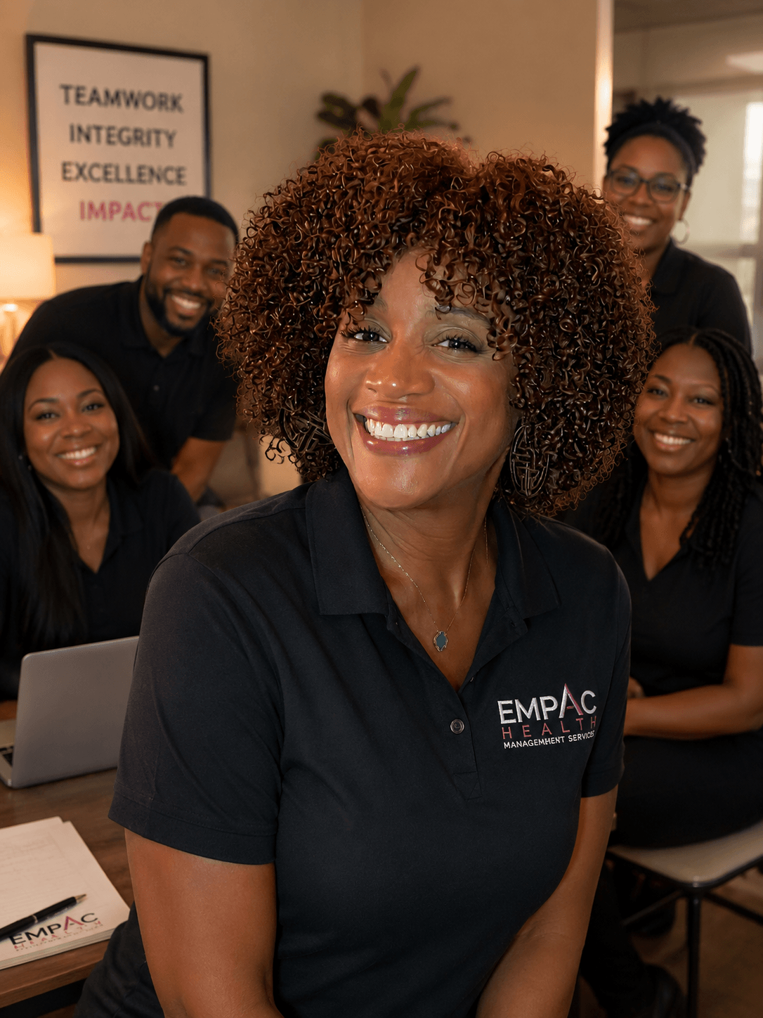 Group of five diverse women smiling in a professional setting, with a poster on the wall reading 'TEAMWORK, INTEGRITY, EXCELLENCE, IMPACT'.
