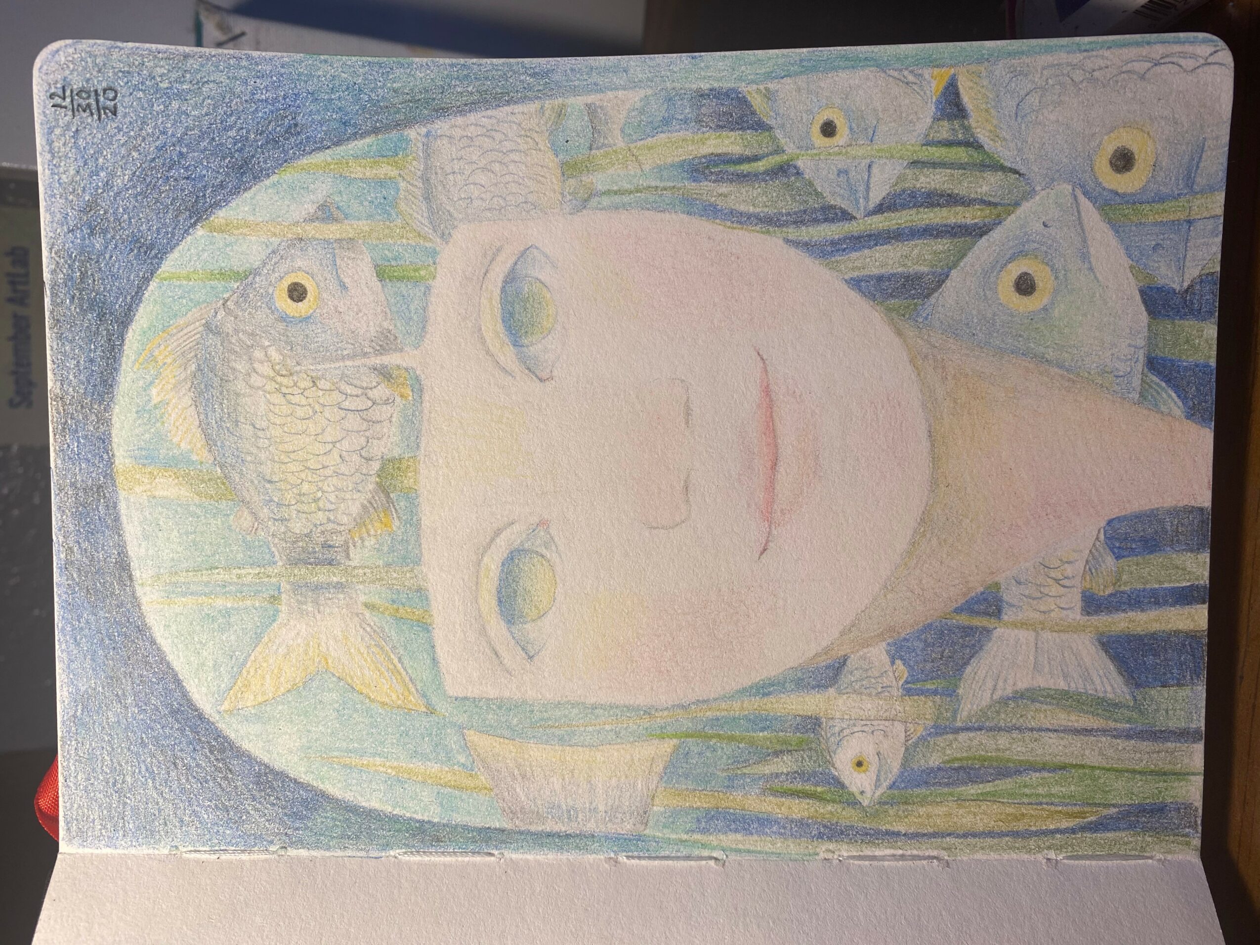 A painting of a face with fish and aquatic elements, featuring a pale face and blue-green background.
