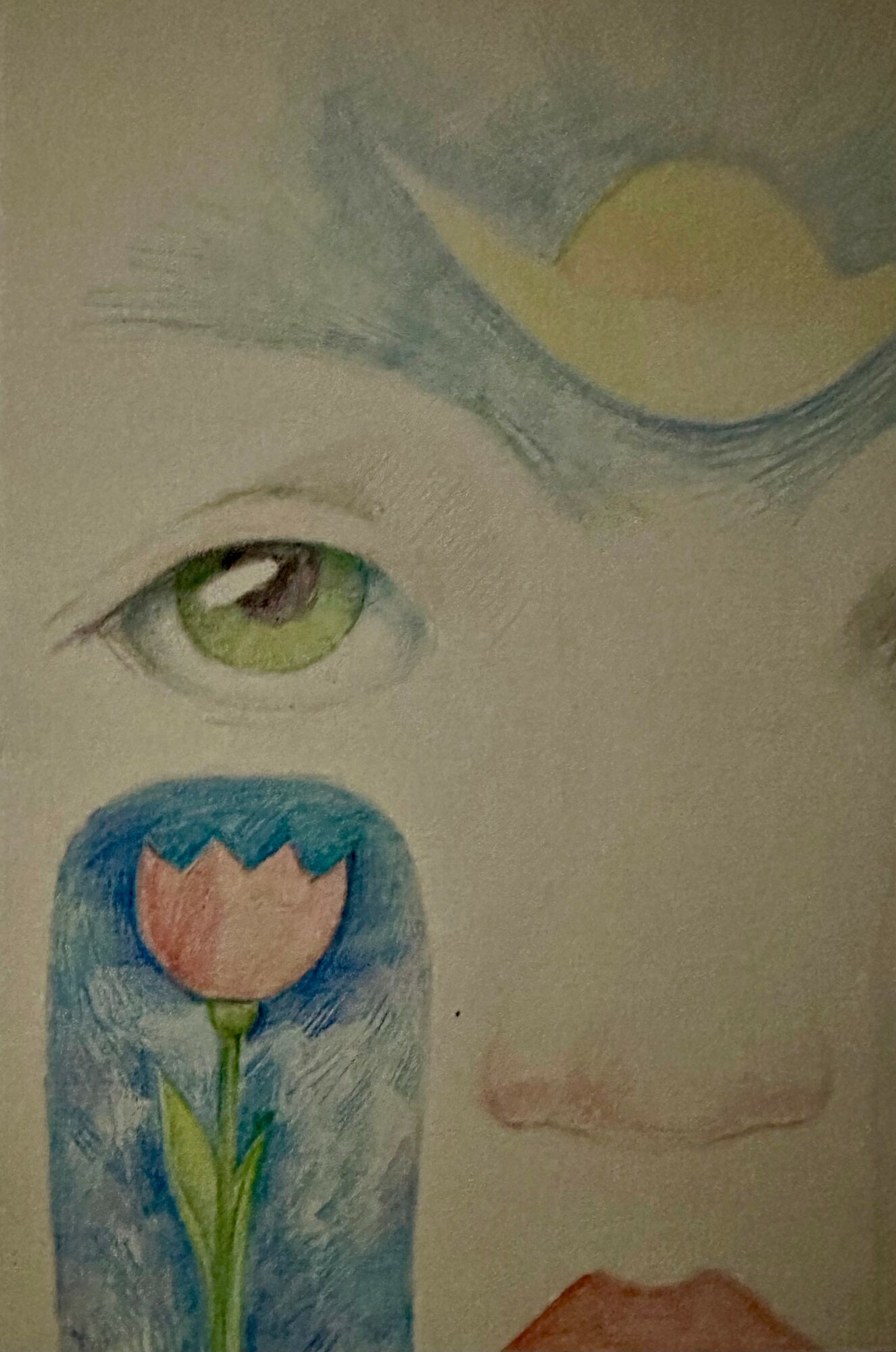 Partial face with a green eye, a pink flower, and a yellow sun in the sky, all in a watercolor style.