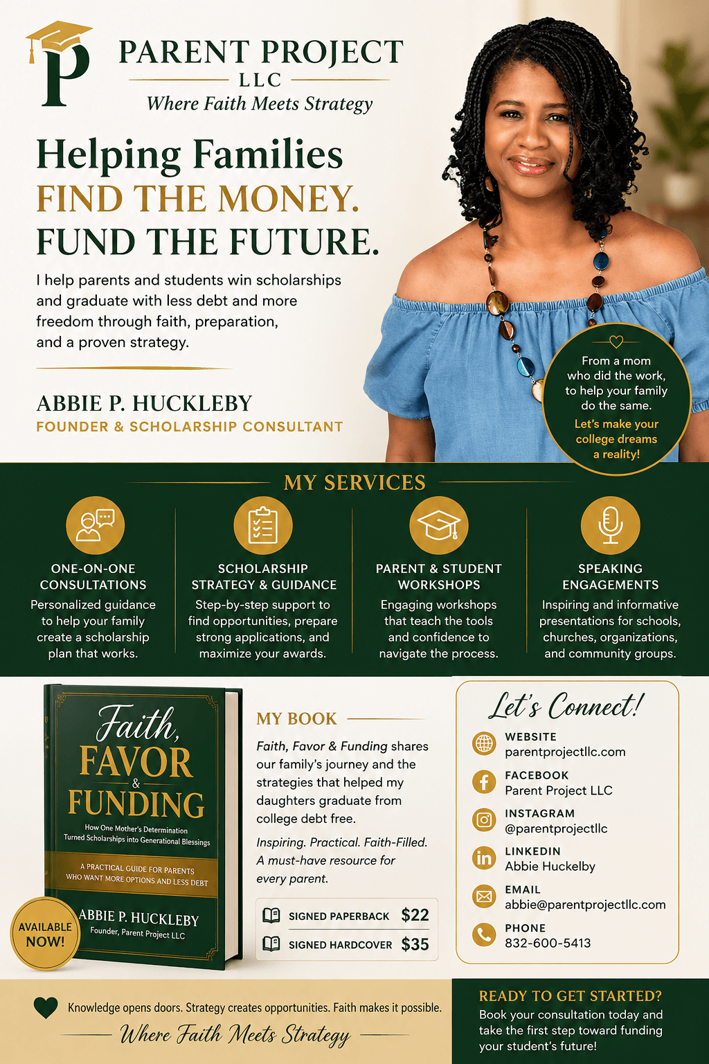 Woman with dark hair smiling, wearing a blue top, standing next to a promotional poster for a family support organization, with text about helping families find money and funding.