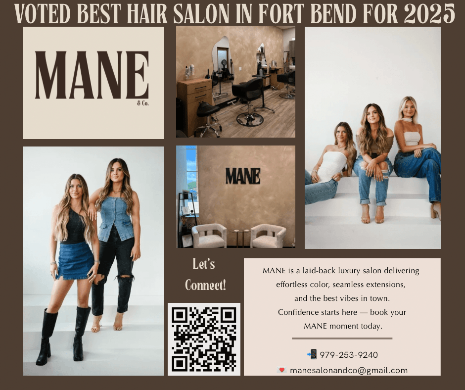 Advertisement for MANE hair salon in Fort Bend, showing two women walking, a salon interior, and three women sitting on a sofa.