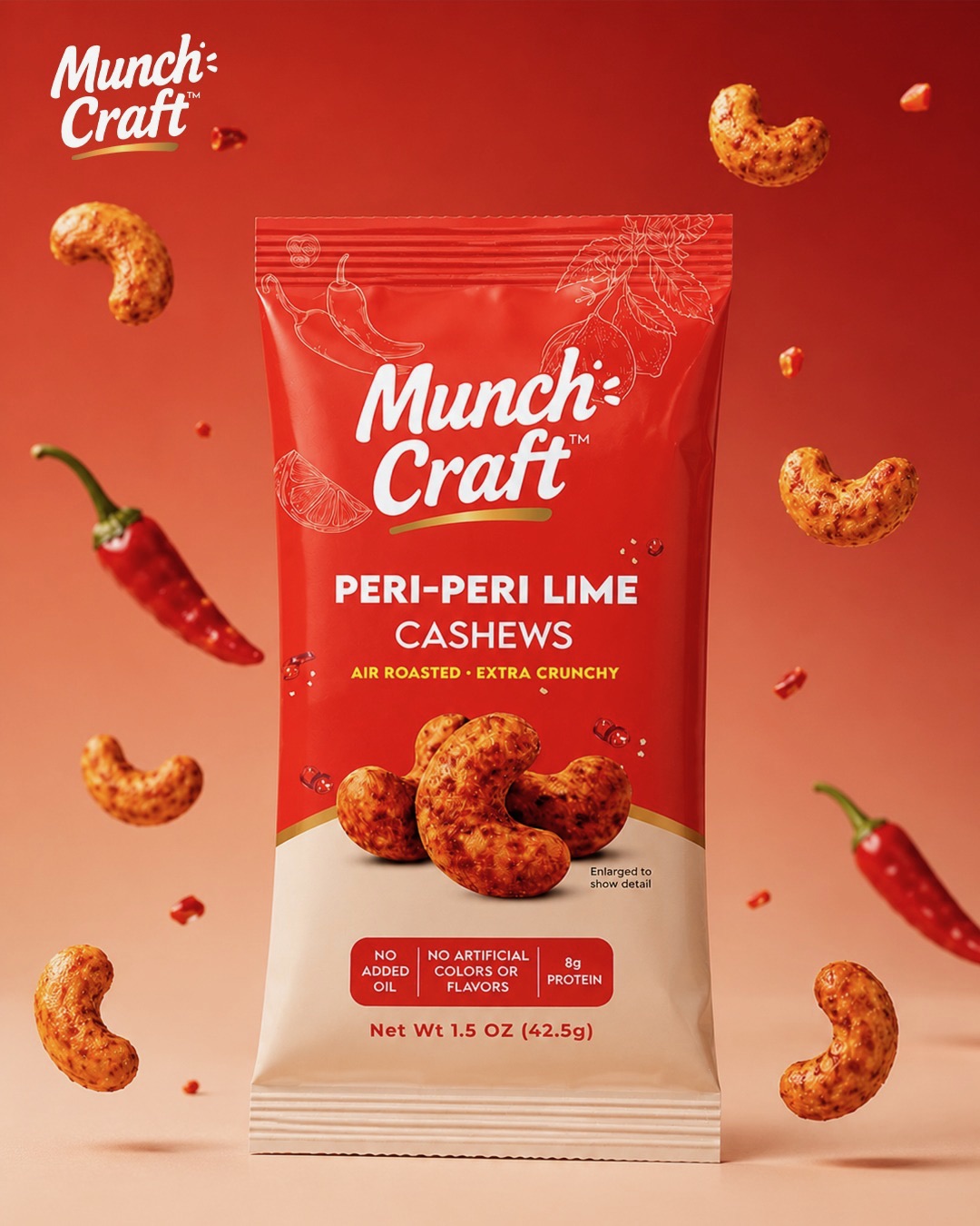 Red package of Munch Craft Peri-Peri Lime Cashews with floating cashews and chili peppers, red background.