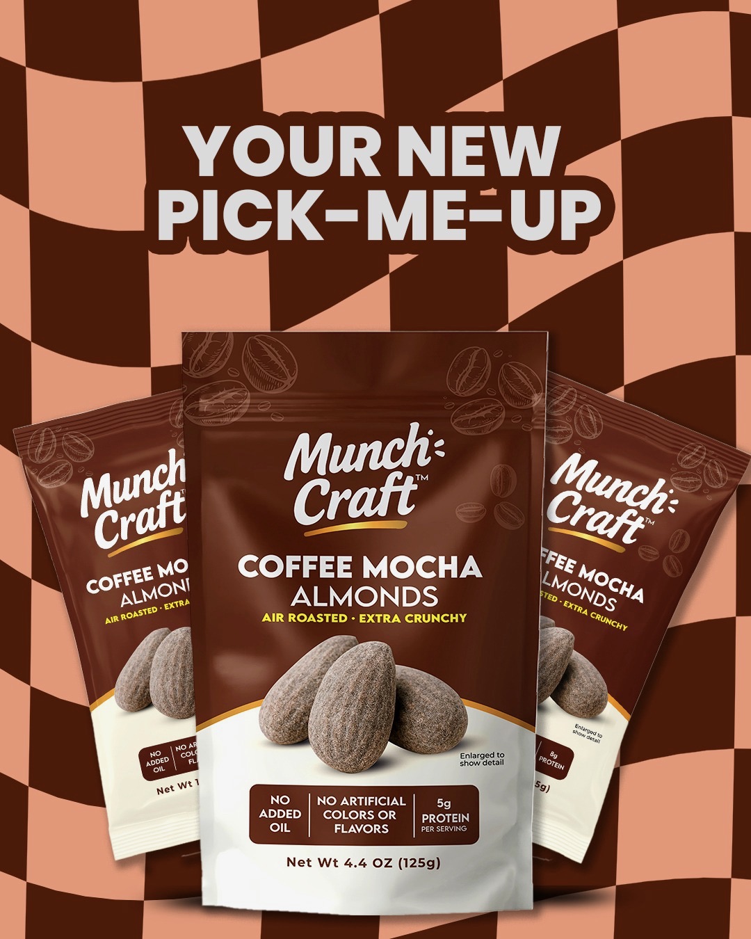 Three bags of Munch Craft Coffee Mocha Almonds in front of a checkered background with text 'Your New Pick-Me-Up'.