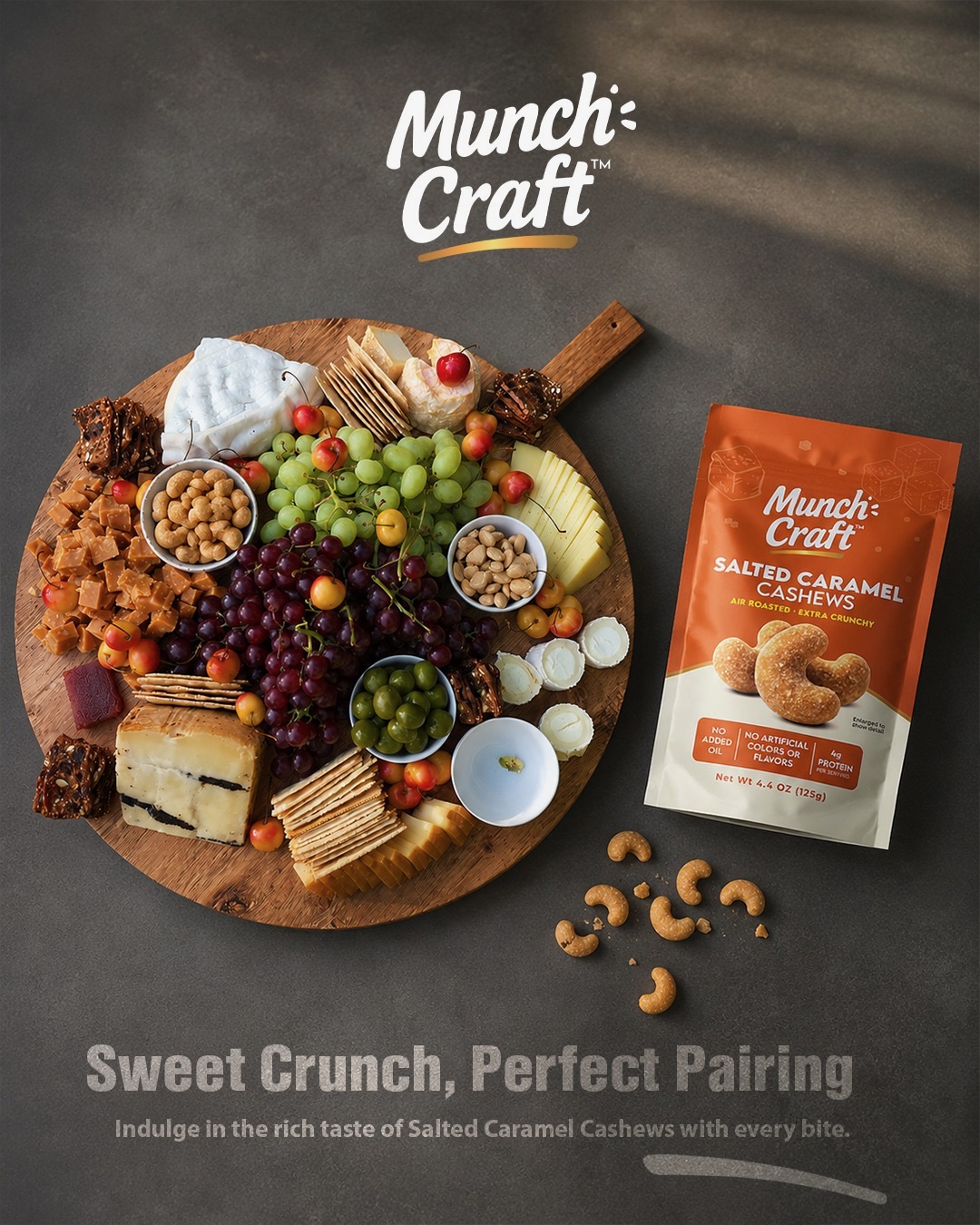 Assorted caramel cashew snacks and candies on a round wooden board with a Munch Craft logo above, and a bag of salted caramel cashew snacks to the right.