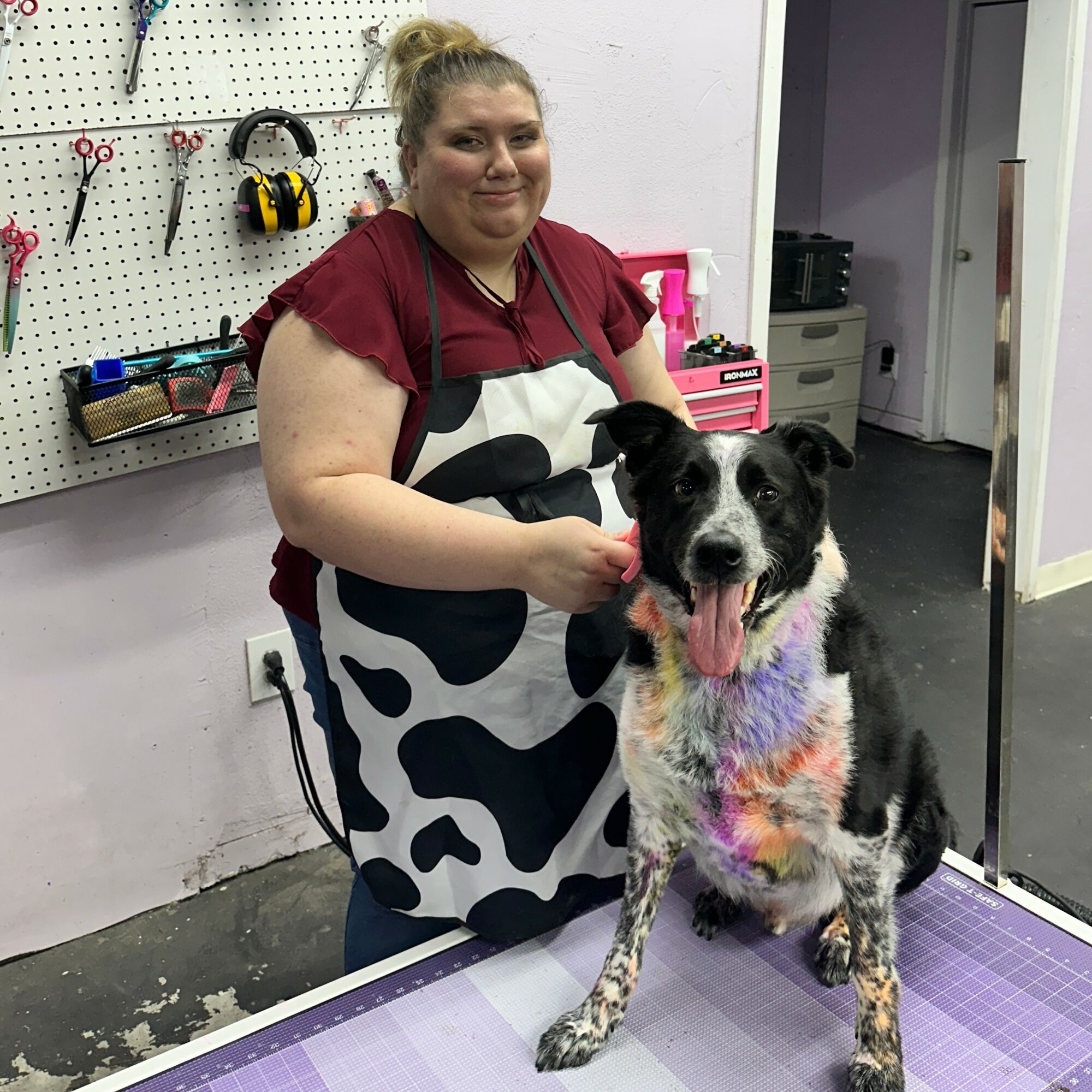 Woman with a dog wearing a colorful rainbow tie-dye bandana, standing on a grooming table in a grooming salon.