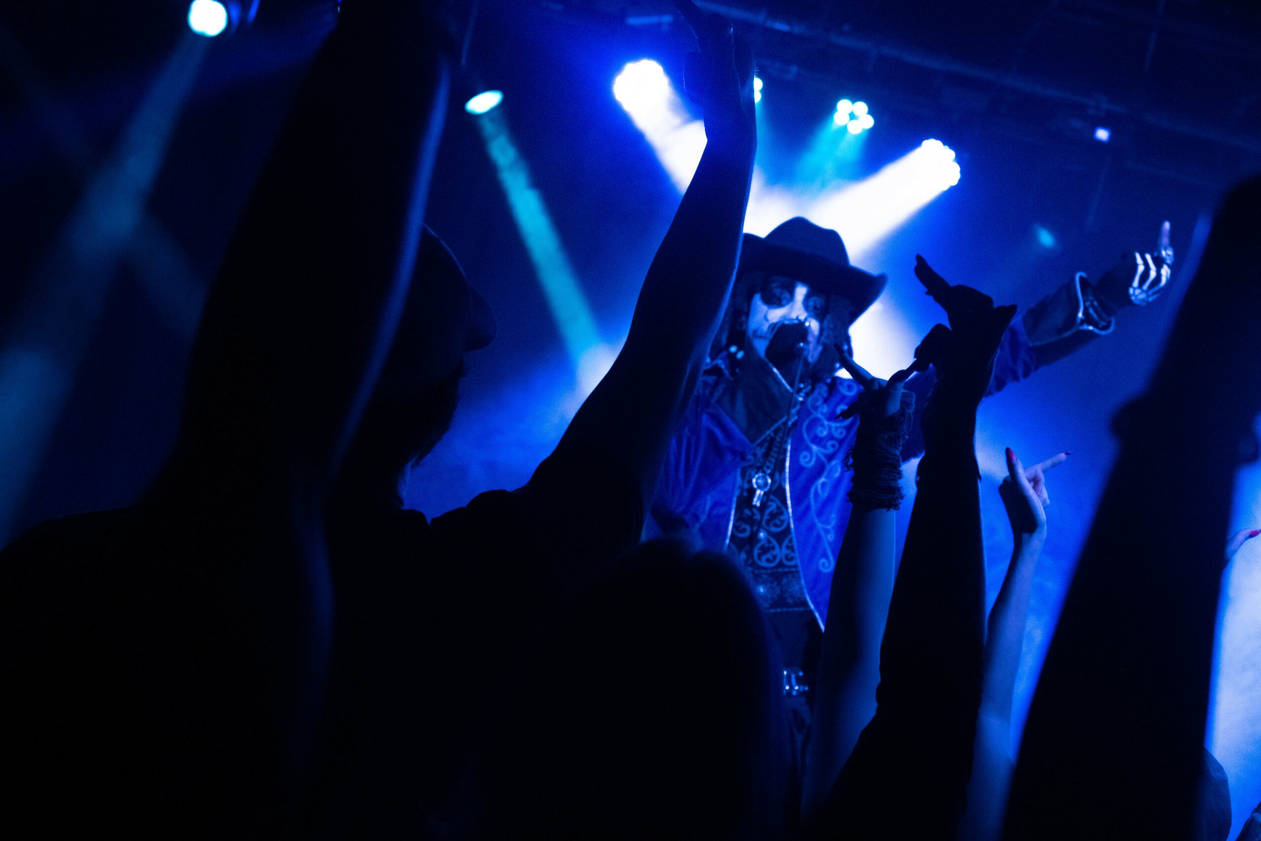 Person performing on stage with raised hands, blue stage lights, audience in foreground, lively concert atmosphere.