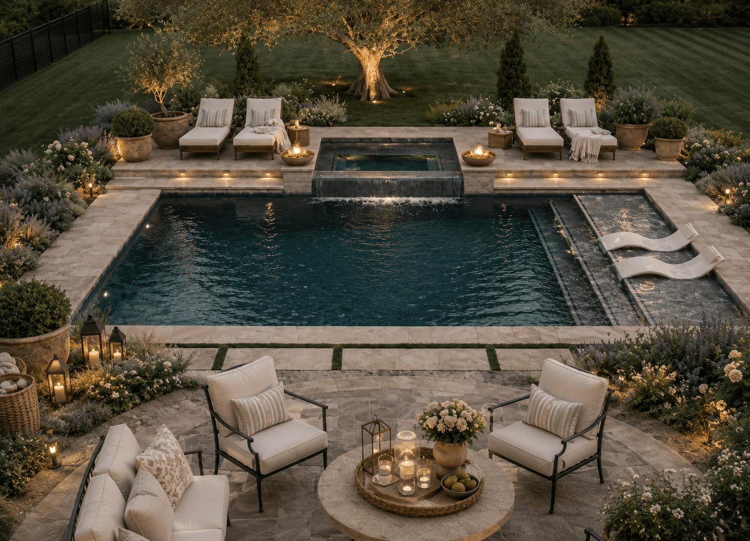 Backyard pool area with lounge chairs, seating, and garden lighting, surrounded by plants and trees, during evening.