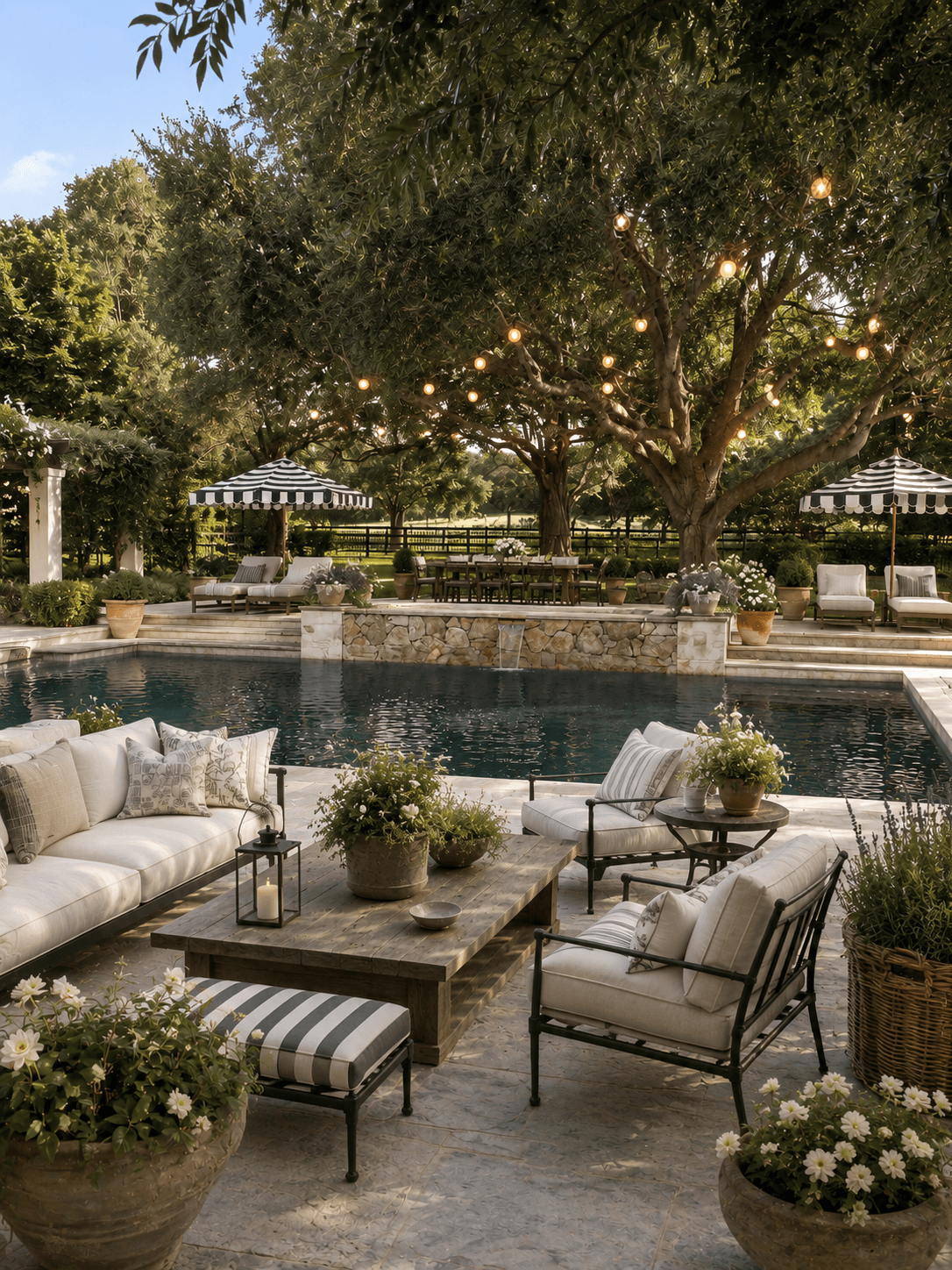 Outdoor patio with seating, potted plants, a pool, trees, string lights, and umbrellas, during daytime.