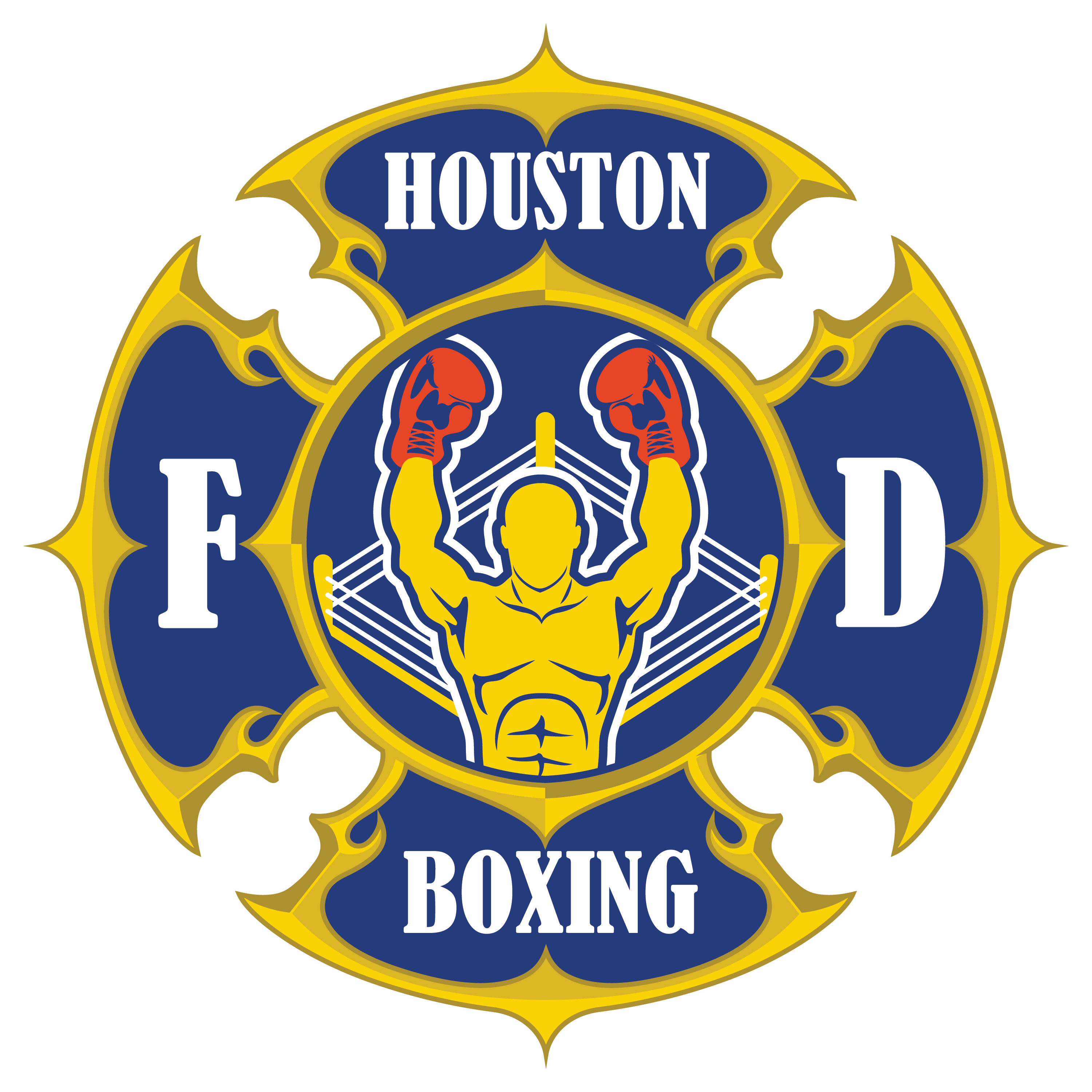 Logo with a boxer in the center, surrounded by text 'Houston F D Boxing' and decorative elements, on a black background.