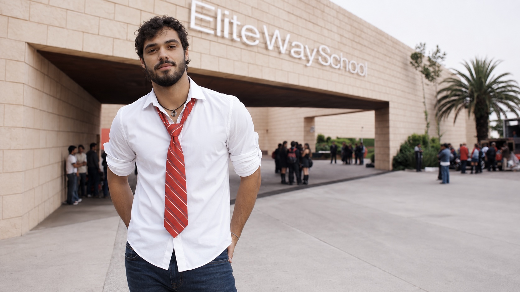 Young man with a beard and curly hair stands outside a school building with a sign reading 'EliteWay School'.