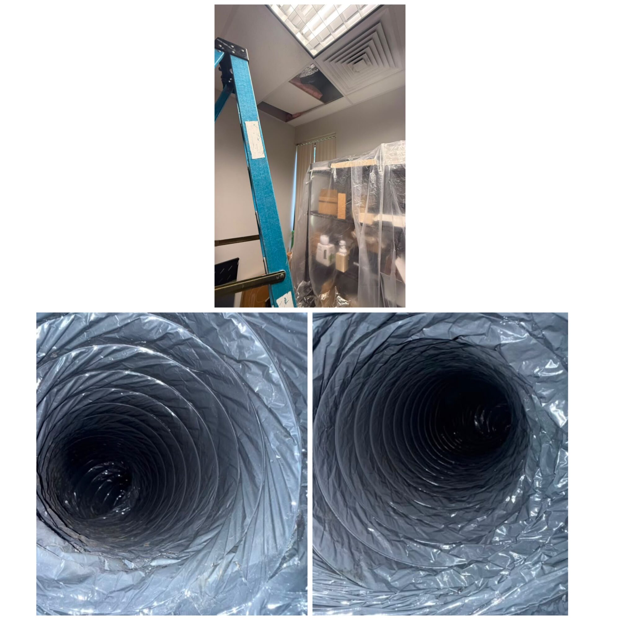 Ceiling with ventilation and a ladder, two images of a dark, metallic, spiral duct viewed from above, shiny and reflective.
