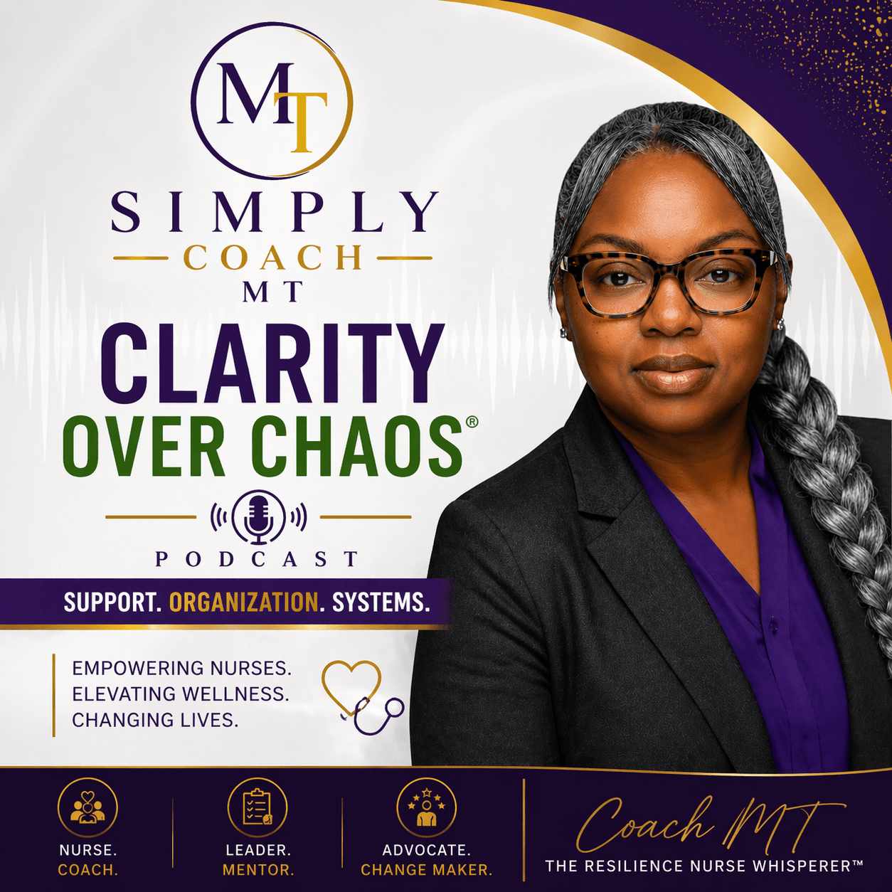 Professional woman with glasses and gray hair in a dark blazer, promotional poster for a podcast about clarity and organization.