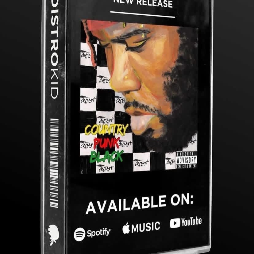 Poster featuring a close-up of a man's face with a checkered background, promoting music on Spotify, Apple Music, and YouTube.