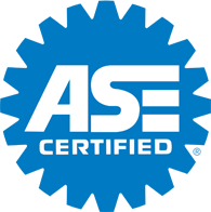 Blue gear-shaped badge with white text reading 'ASE CERTIFIED'.