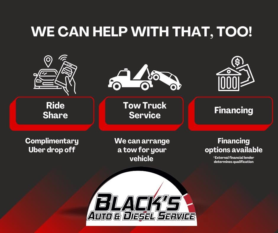 Advertisement offering ride share, tow truck, and financing services with icons and text on a black background.