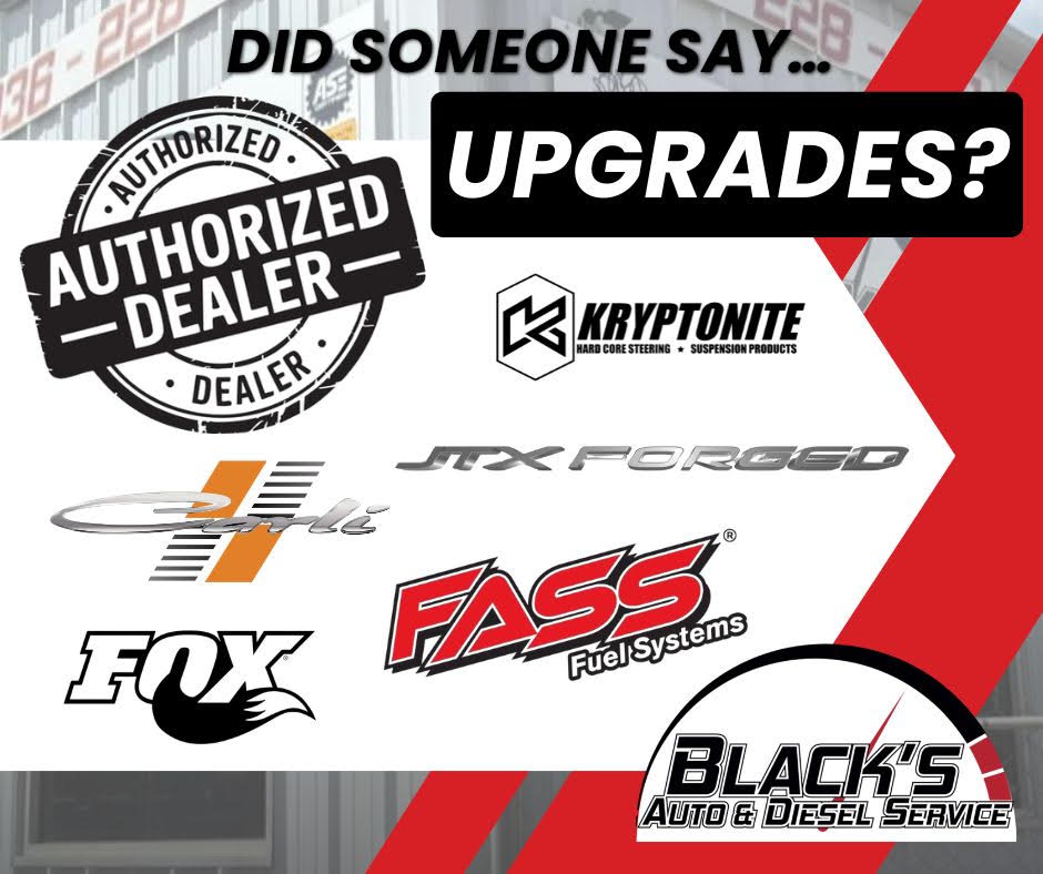 Text and logos of authorized dealer, Kryptonite, JTX Forged, Fox, FASS Fuel Systems, and Black's Auto & Diesel Service.