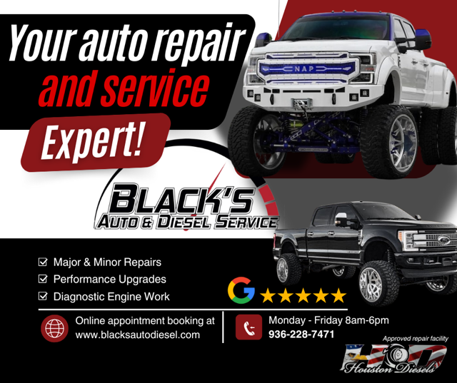 Advertisement for auto repair and service with images of two vehicles, contact info, and business hours.