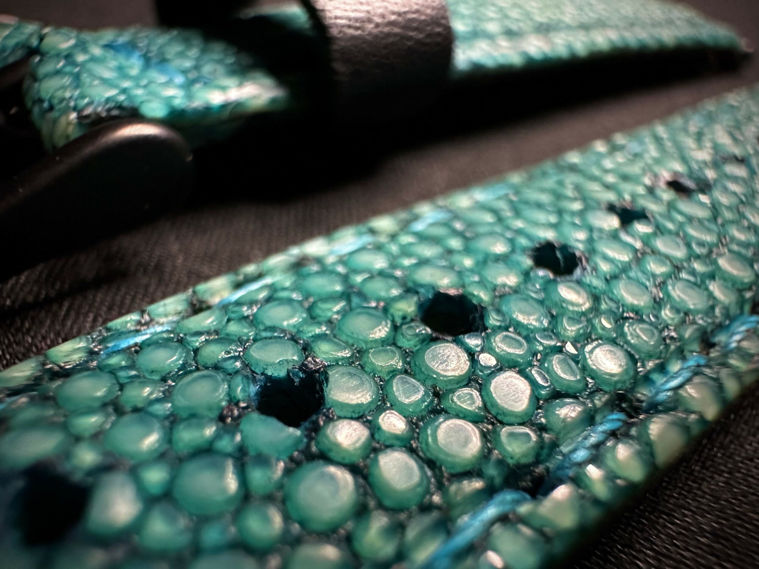 Close-up of a textured teal watch strap with black holes, on a black background.