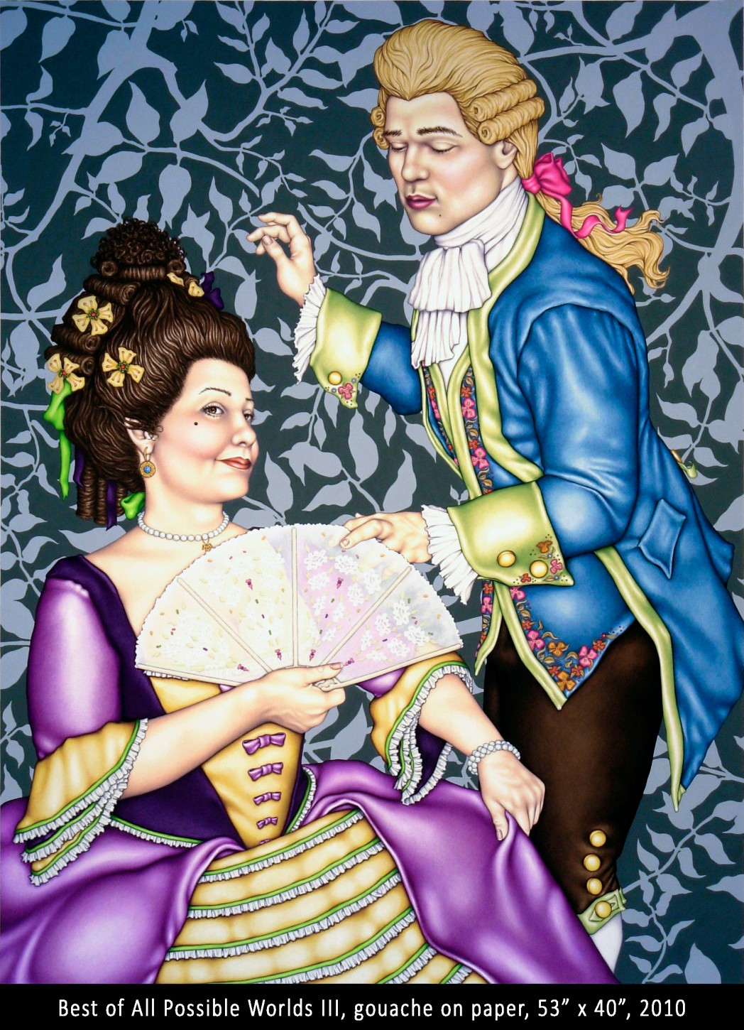 A woman in a purple dress and a man in a blue coat with gold accents are in a garden with dark foliage background.