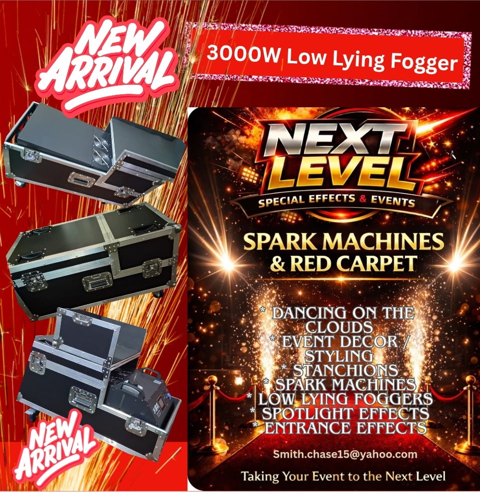 Promotional poster for event equipment, featuring spark machines, red carpet, and special effects with fiery background.