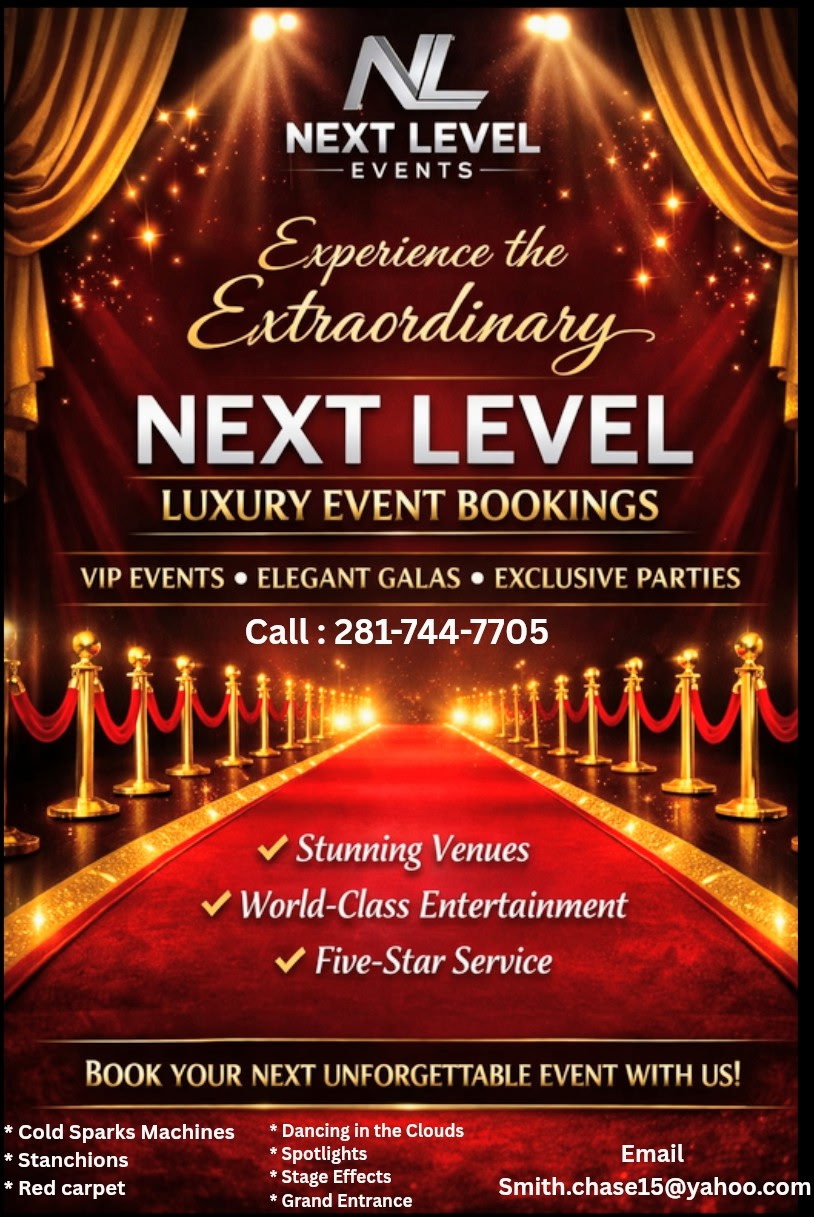 Event poster with red carpet, gold curtains, and text about luxury event bookings and entertainment.