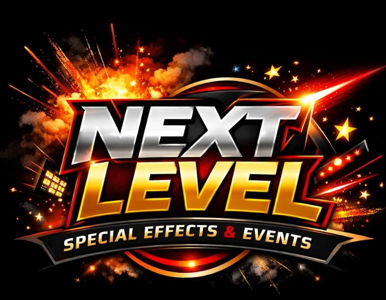 Bright, colorful logo with explosive effects and stars, reading 'NEXT LEVEL' with 'SPECIAL EFFECTS & EVENTS' below.