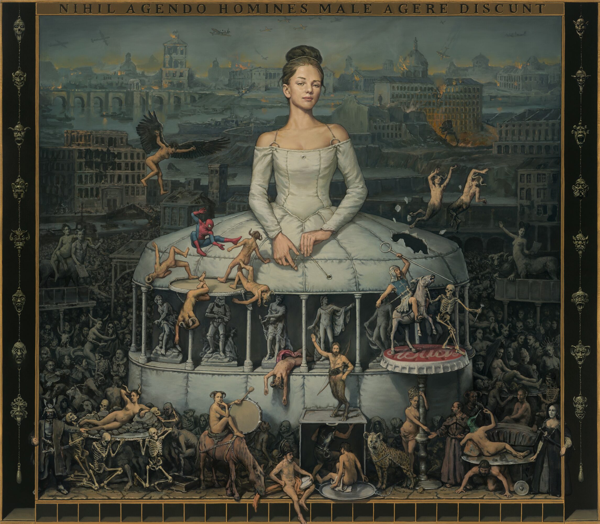 A woman in a white dress sits on a large, ornate platform with various animals and people around her, cityscape background.