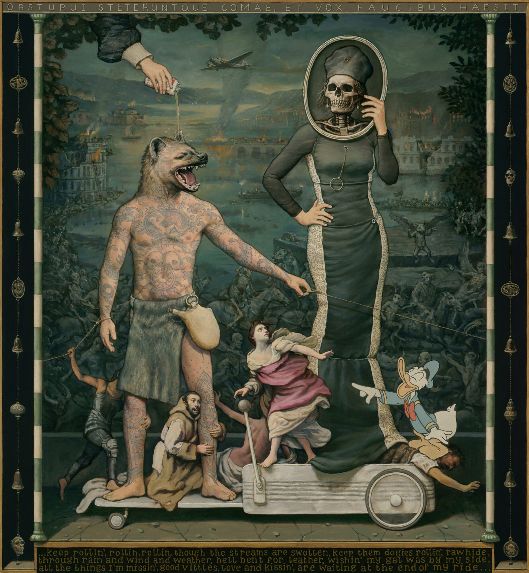 A painting depicts a woman with a skull face mask, a shirt, and a long skirt, surrounded by animals and a person with a dog head, in a landscape with ruins.
