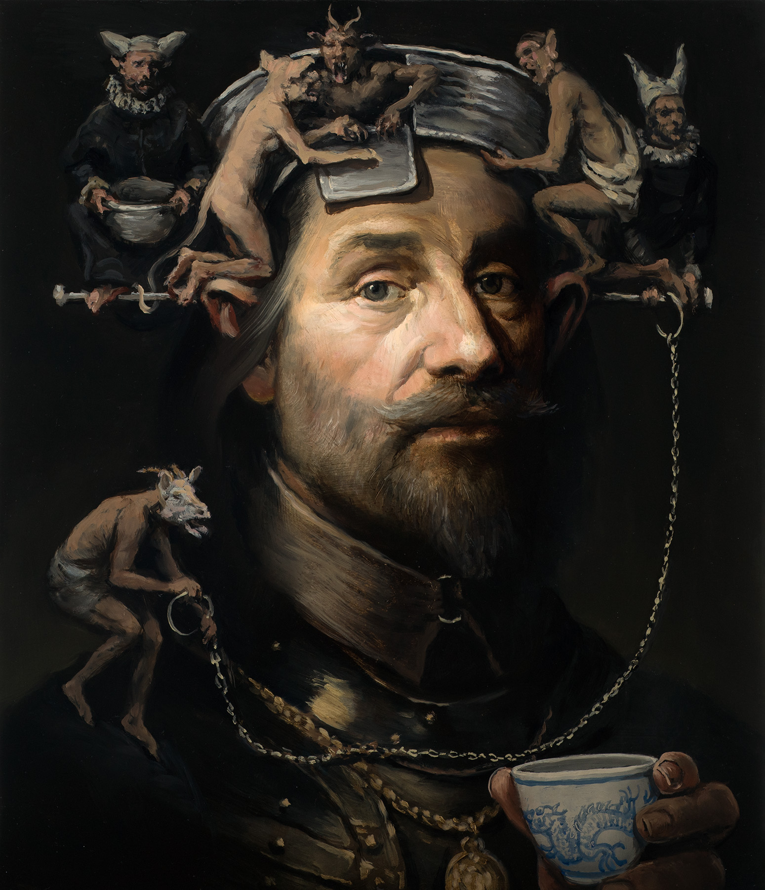 Portrait of a man with a beard, surrounded by small mythological creatures, holding a cup, dark background.