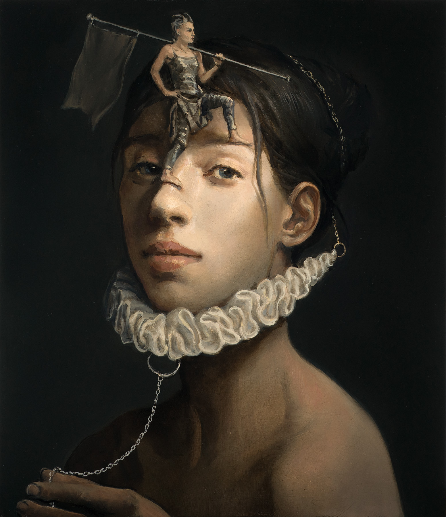 Portrait of a woman with a small figure sitting on her head holding a flag, wearing a ruffled collar, dark background.