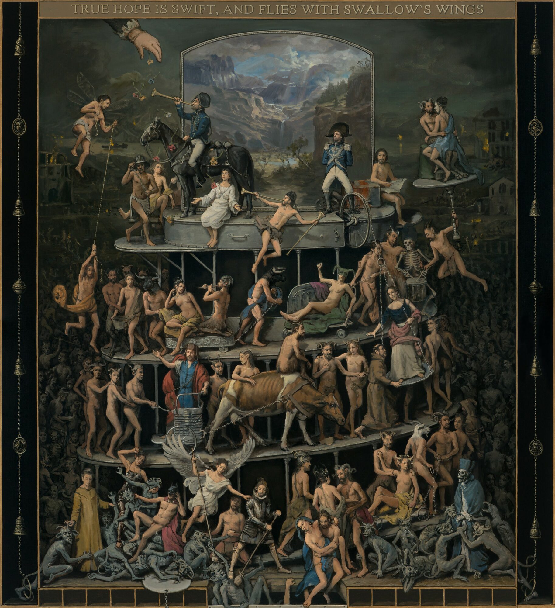 A detailed painting depicting mythological figures and scenes on a multi-tiered structure, with a landscape background and a banner at the top.