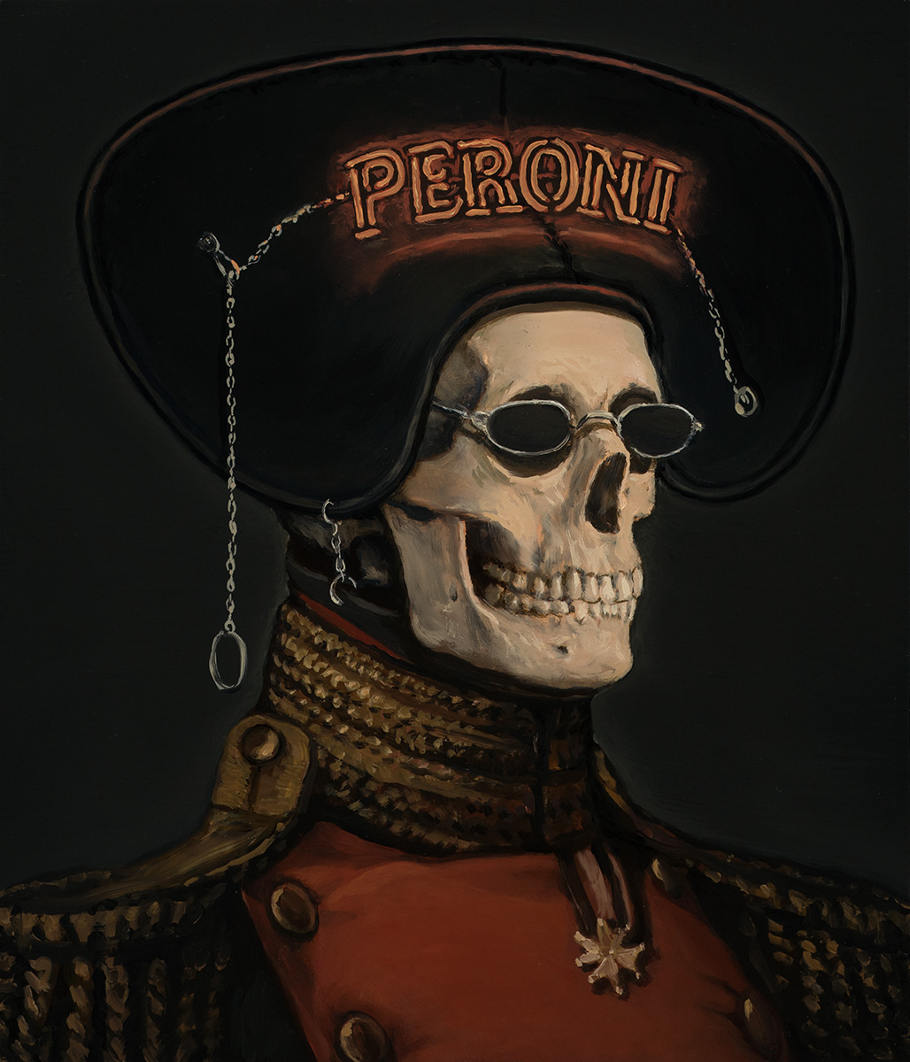 Skull wearing a large hat with a neon sign reading 'PERONI' and sunglasses, dressed in a military-style uniform.