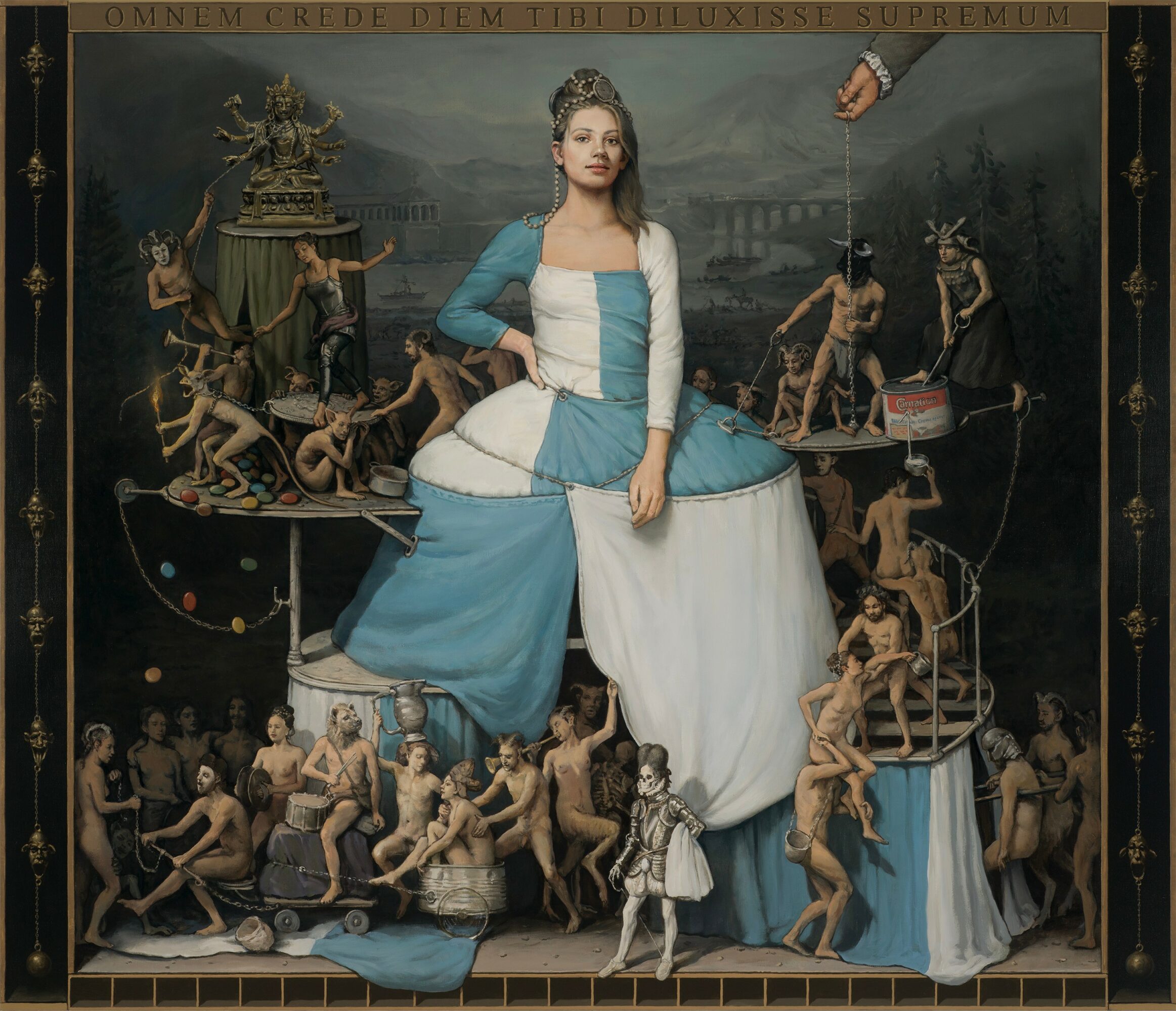 A woman in a blue and white dress is seated on a floating platform with numerous small figures around her, some climbing and others playing.