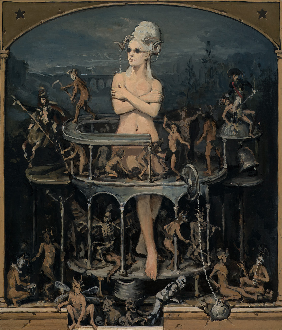 A surreal painting features a tall woman with white hair and crossed arms, surrounded by small figures and water elements, set against a dark background.