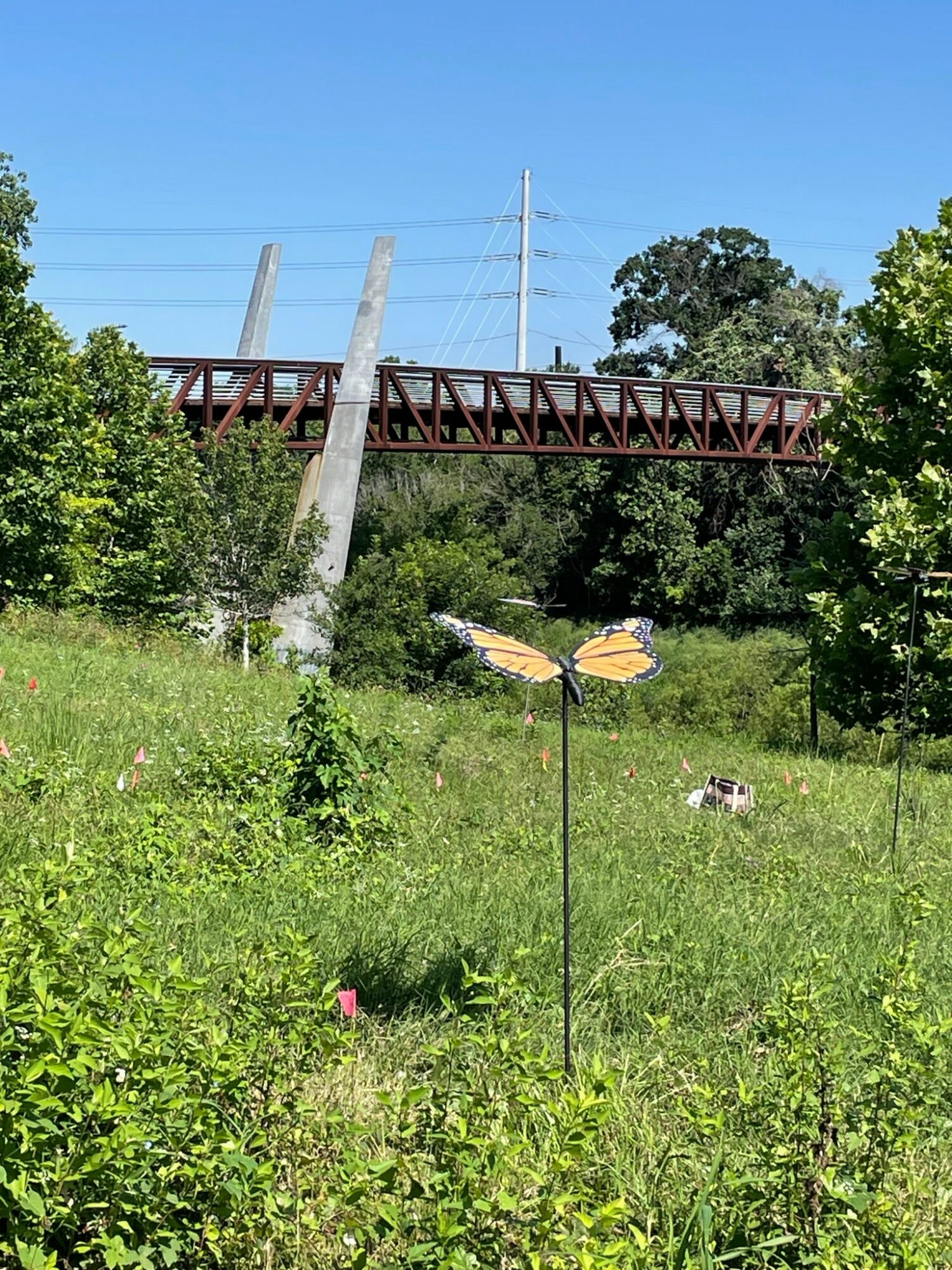 A grassy field with a streetlamp, trees, and a bridge in the background under a blue sky.